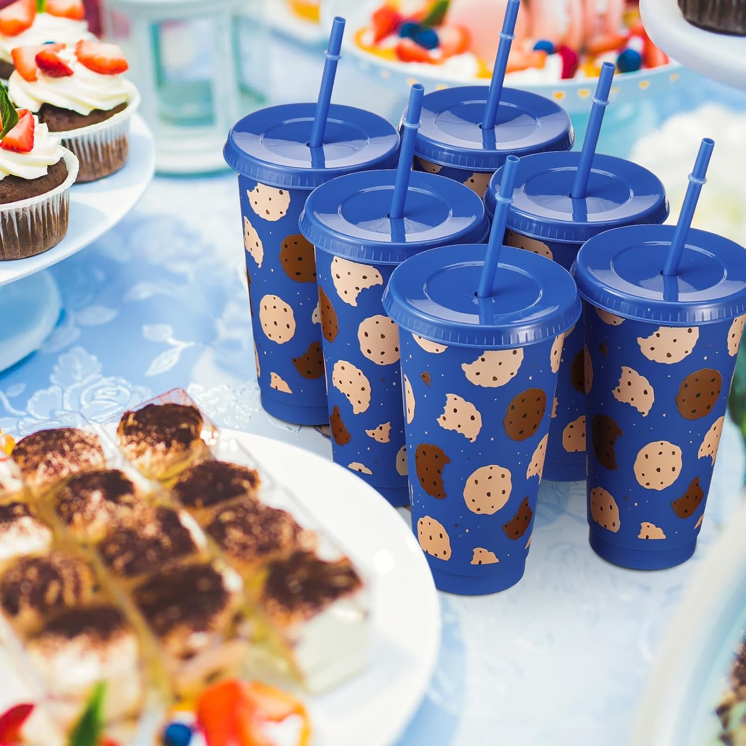Jingmore 15 Pcs Monster Party Supplies 24oz Plastic Tumblers with Lid and Straws Reusable Cookies Themed Party Cups for Girl Boy Birthday Baby Shower Decorations