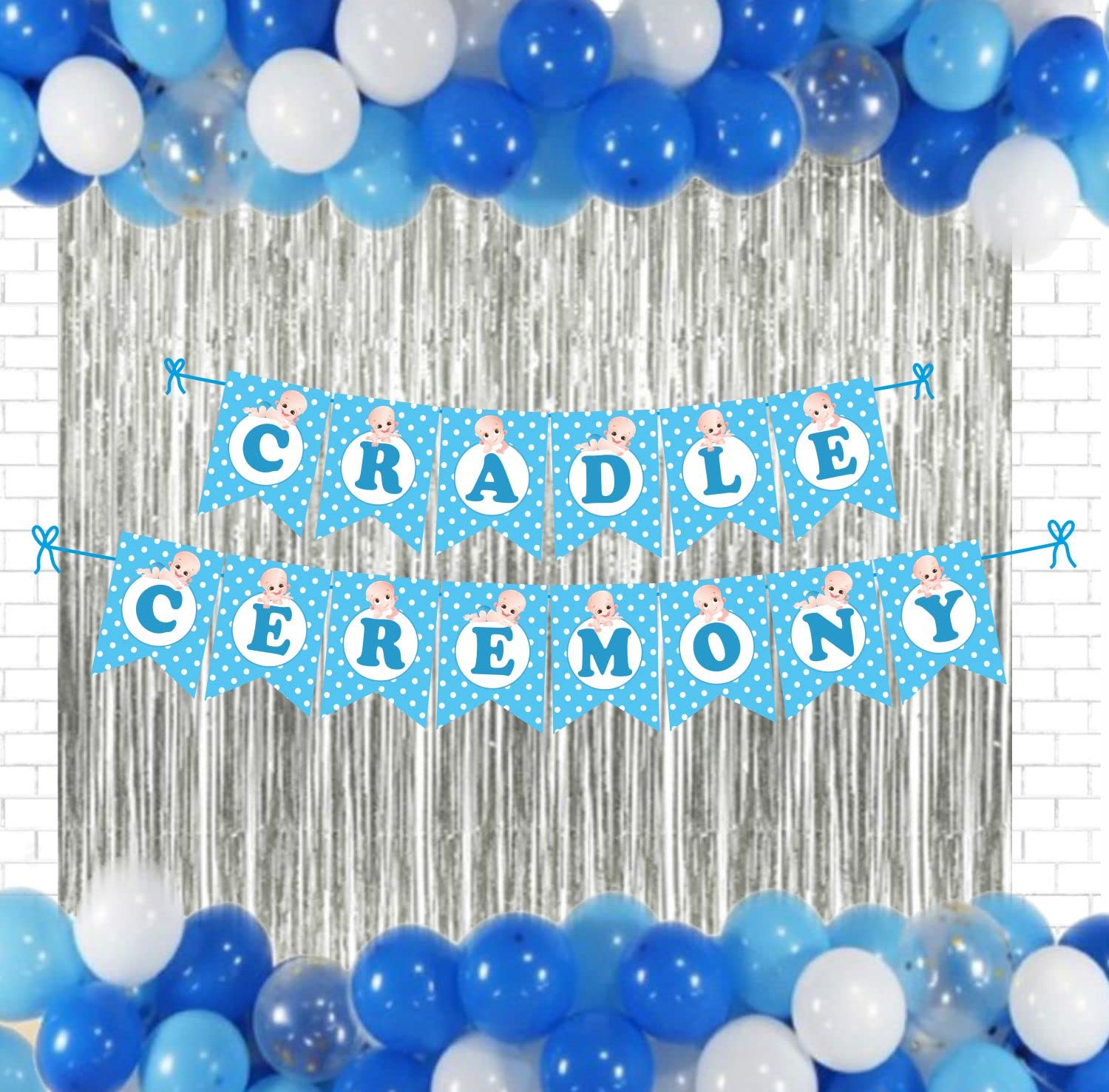 Untumble Cradle Ceremony/Naming Ceremony Decoration Items For Baby Boy With Foil Curtains, Banner And Balloons (Pack Of 42 Pcs)