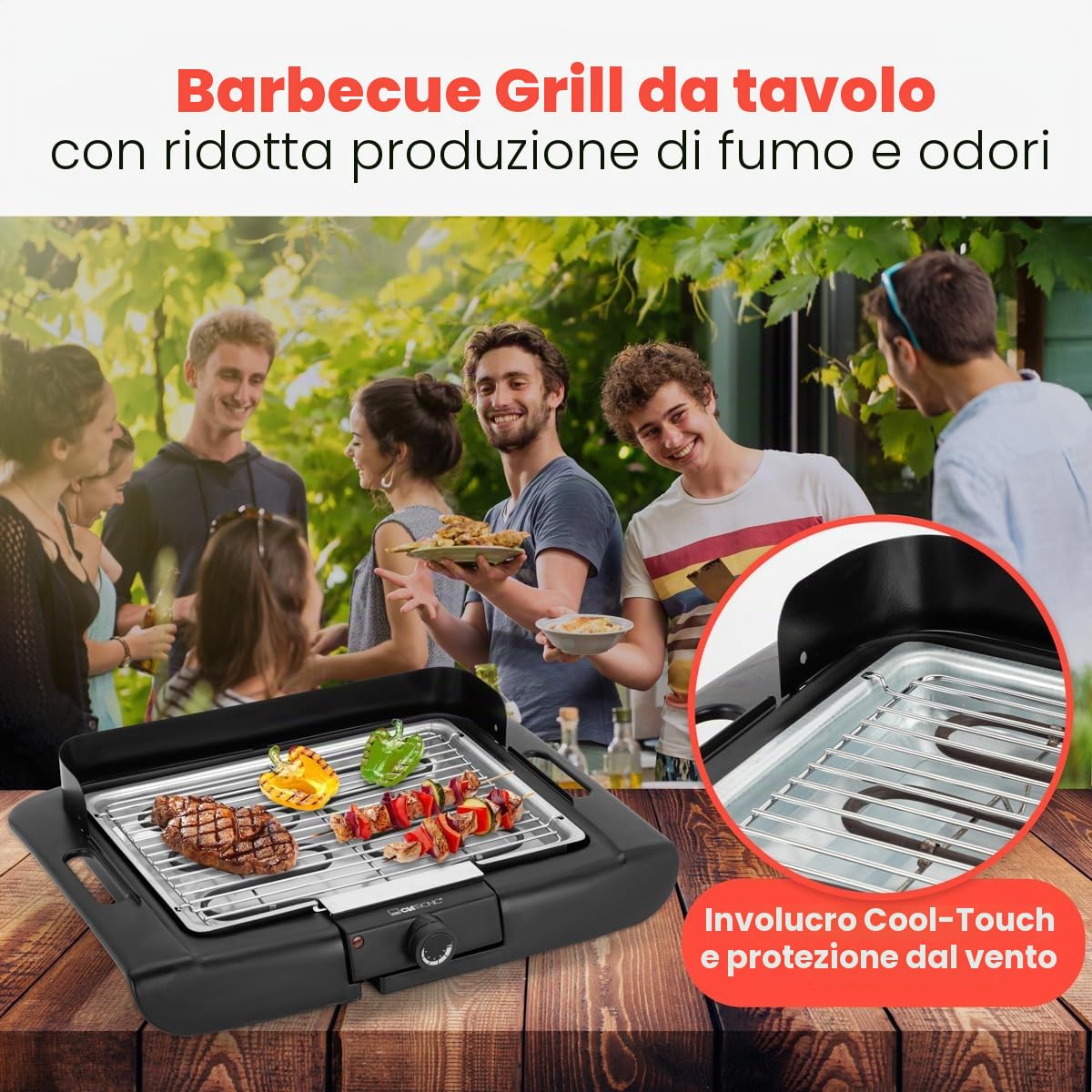 Griglia da tavolo per barbecue Clatronic | Griglia elettrica | Balcone e cucina | Griglia elettrica con paravento | Griglia con griglia cromata | Griglia da tavolo con involucro Cool Touch | BQ 3841