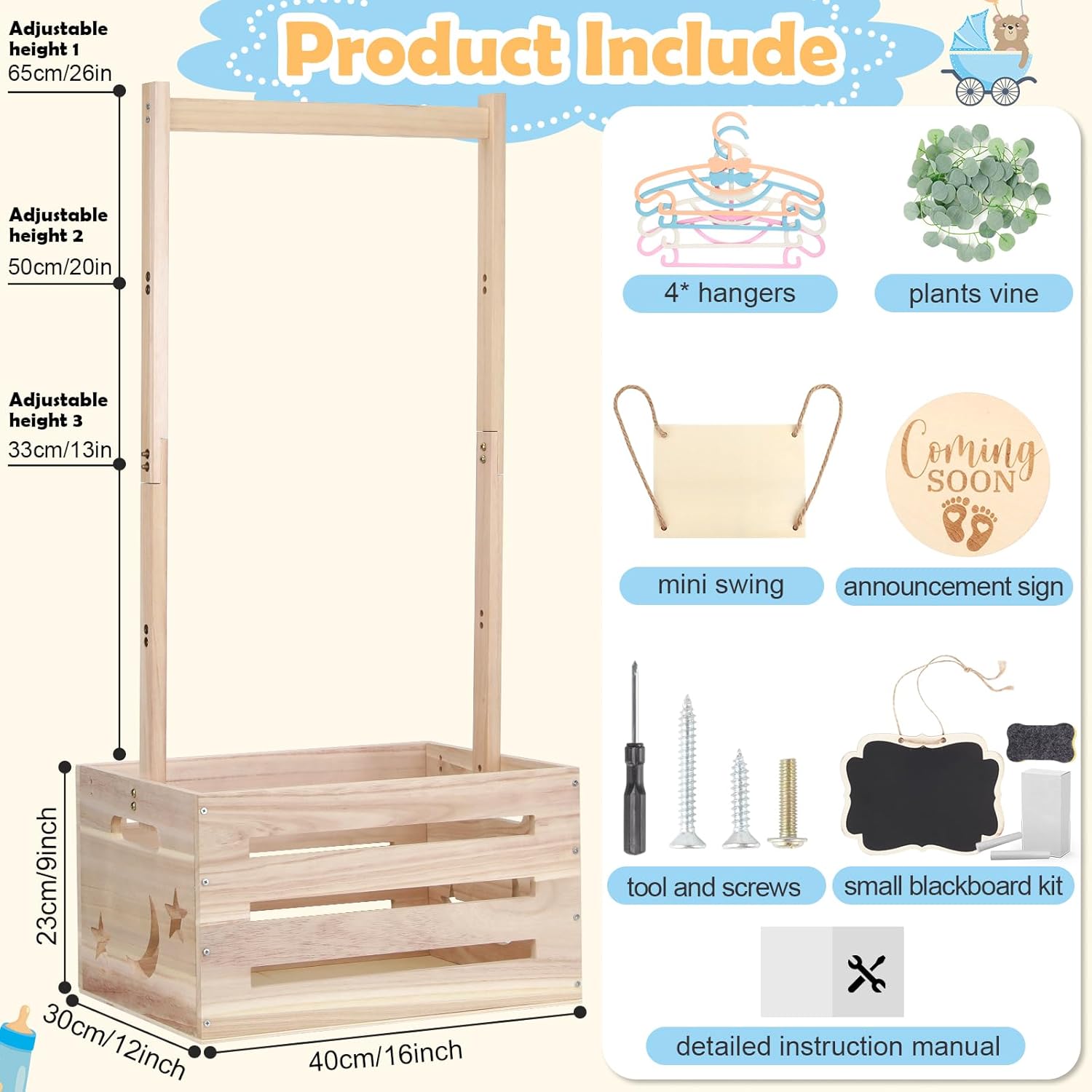 Wooden Baby Shower Crate Closet with Adjustable Handle & Garland, Large Personalized Baby Shower Basket Clothes Hangers Rack Storage Box, Pregnancy Gifts for New Parents Newborn Boy Girl