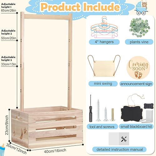Vista 2 de Armario de madera para baby shower con asa ajustable y guirnalda, cesta grande personalizada para baby shower, caja de almacenamiento, regalos