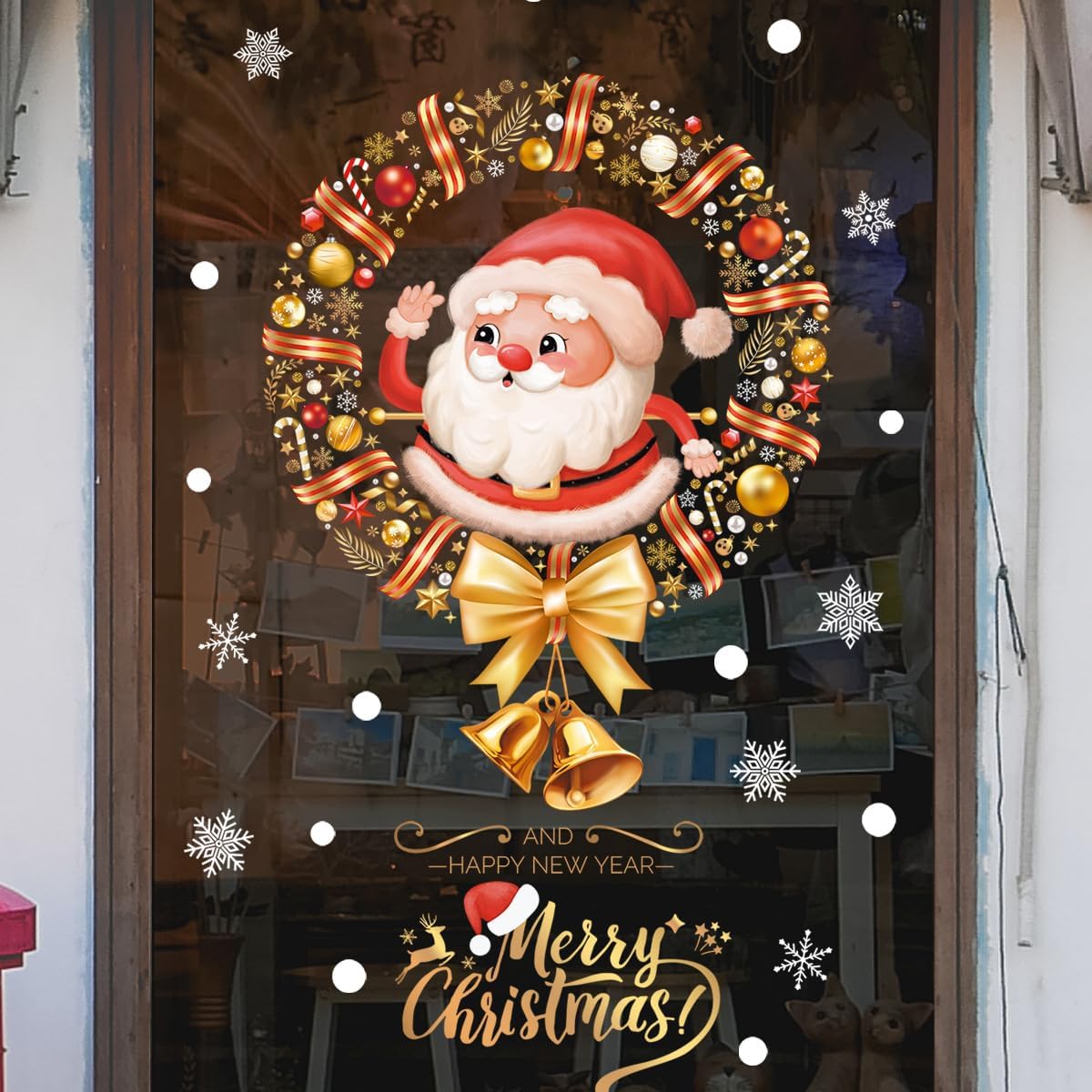 Merry Christmas Window Sticker Garland Santa Claus with Xmas Bell Bow Designs Glass Decal Cling Cute Santa Claus Snowflakes Window Sticker for Office School Decorations image 2