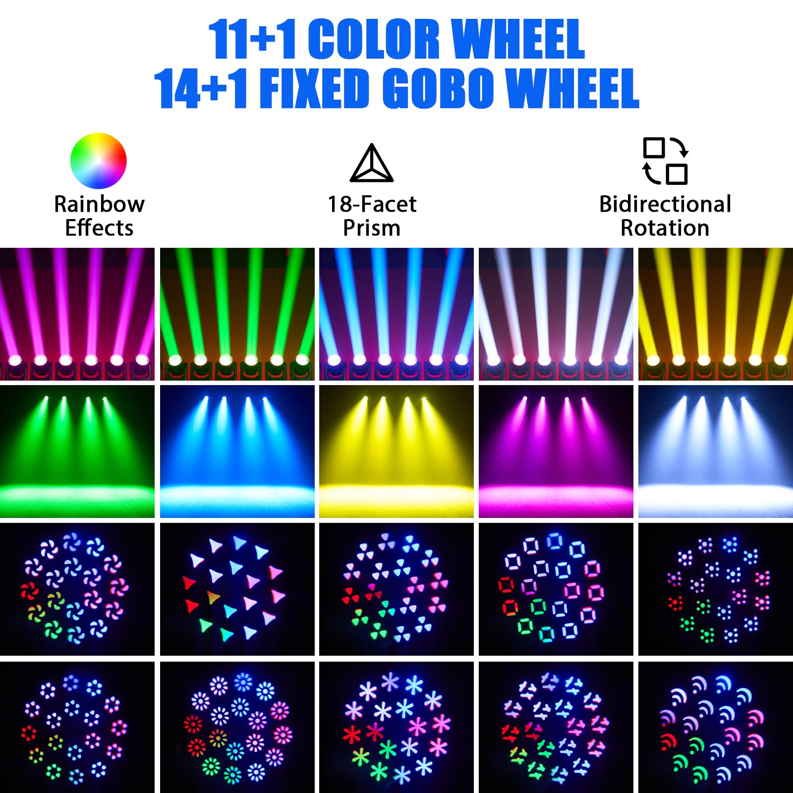 2 faretti LED a testa mobile da 200 W con flightcase, 11 colori, 14 gobos, Beam, luci per discoteca per palcoscenici, club, matrimoni, bar