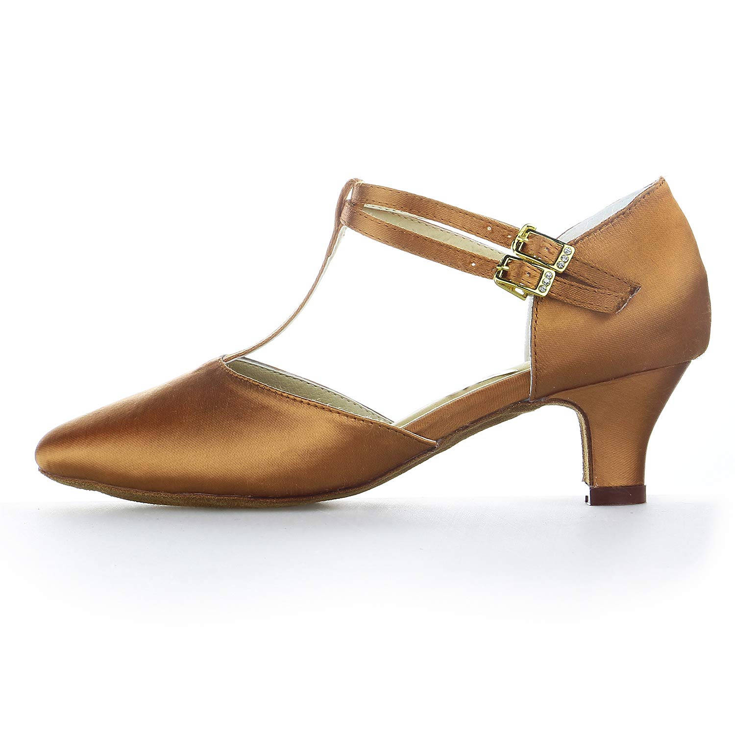 JIAJIA 00964 Women's Satin Sandals T-Strap Block Heel Latin Salsa Performance Dance Shoes Color Tan,Size 10.5 B(M) US/42 EU