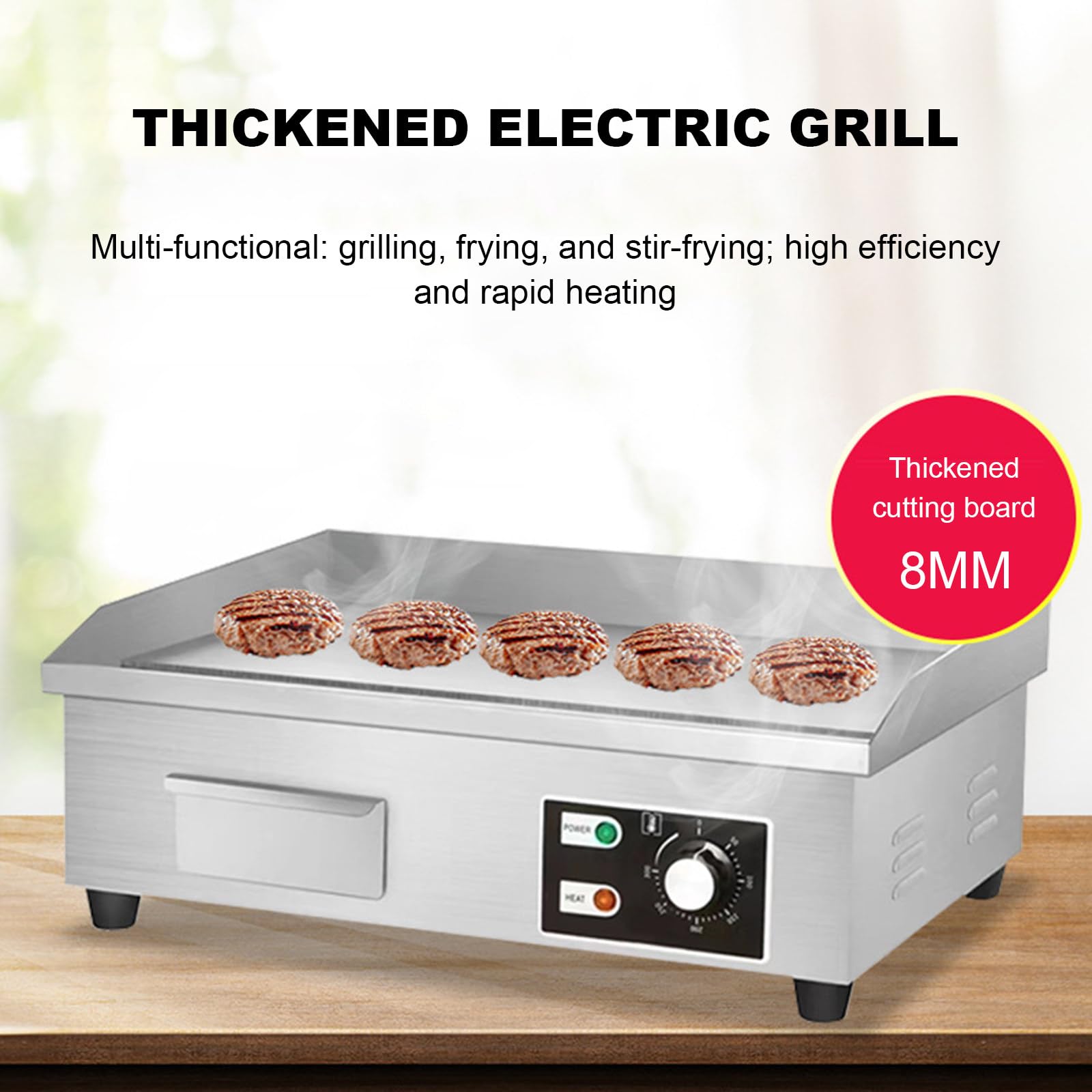 Piastra Elettrica Commerciale, Plancha Professionale 3000W in Acciaio Inox, Temperatura di 0-300ºC, Piastra in Ferro Spessa 8 mm, per Uso Commerciale e Balcone 54 * 40 * 21CM