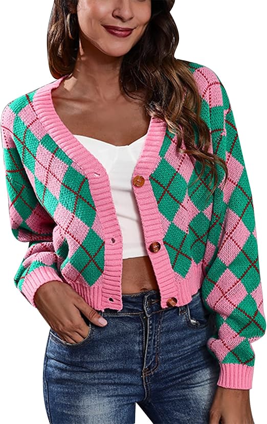 Flygo Women's Oversized Argyle Long Sleeve V-Neck Knit Cropped