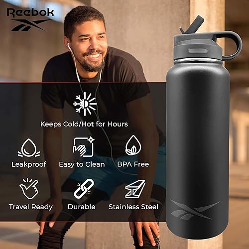 Miniatura 3 de Reebok Botella de agua de acero inoxidable con popote y diseño atlético, botellas de agua aisladas de 32 onzas, botella de agua deportiva aislada al