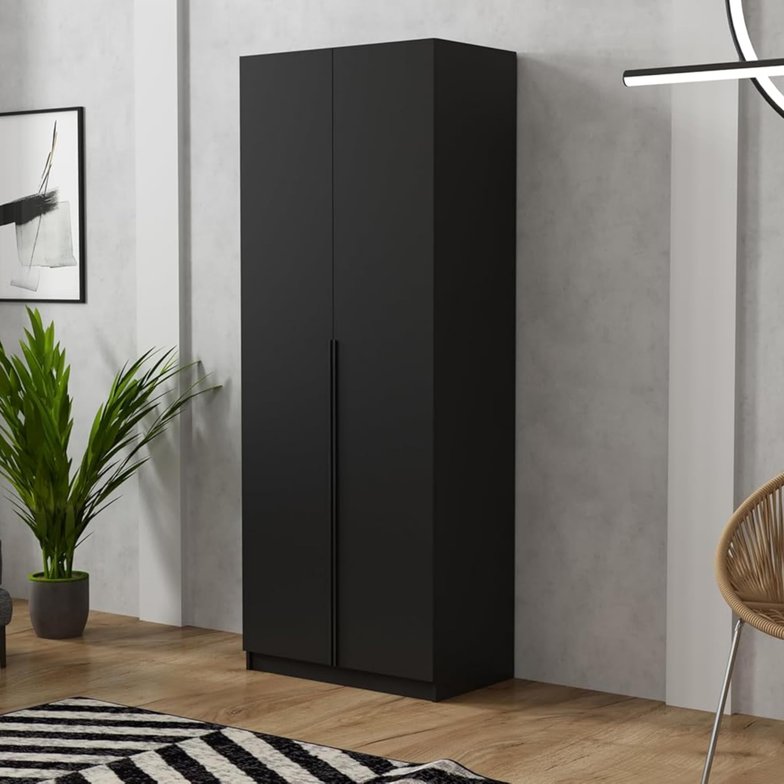 Brent - Kleiderschrank Bristol Schwarz 90 cm Breite, 2-türig, Mehrzweckschrank mit Einlegeböden und/oder Kleiderstange, Aufbewahrungsschrank, Modern Metallgriffe in Schwarz