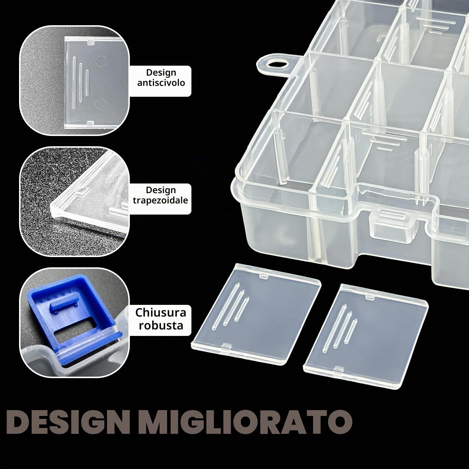 Qualsen Scatole Plastica con Coperchio, 34 Scomparti, Trasparente x 4 Pezzi | Scatola porta Oggetti Porta Minuteria con Divisori Regolabili, Trasparenti per Viti, Perline, Gioielli