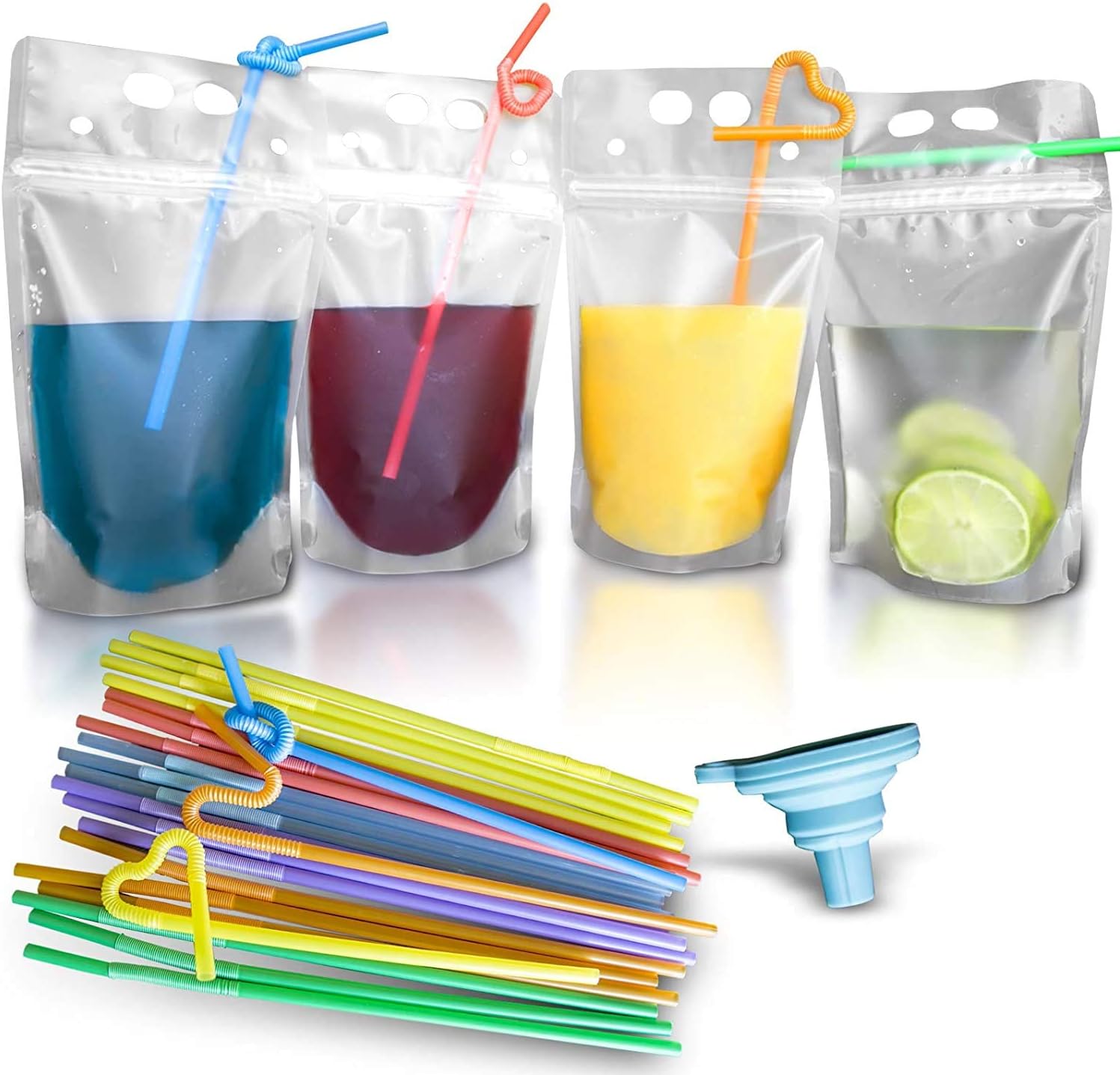 KCHEX 100 Pcs Double Zipper Plastic Clear Drink Pouches with Straw, No Leakage Drink Reusable Juice Bags, Stand up Disposable Drink Pouch Smoothie Bag for Freezing Juice, Heavy Duty Plastic, BPA Free