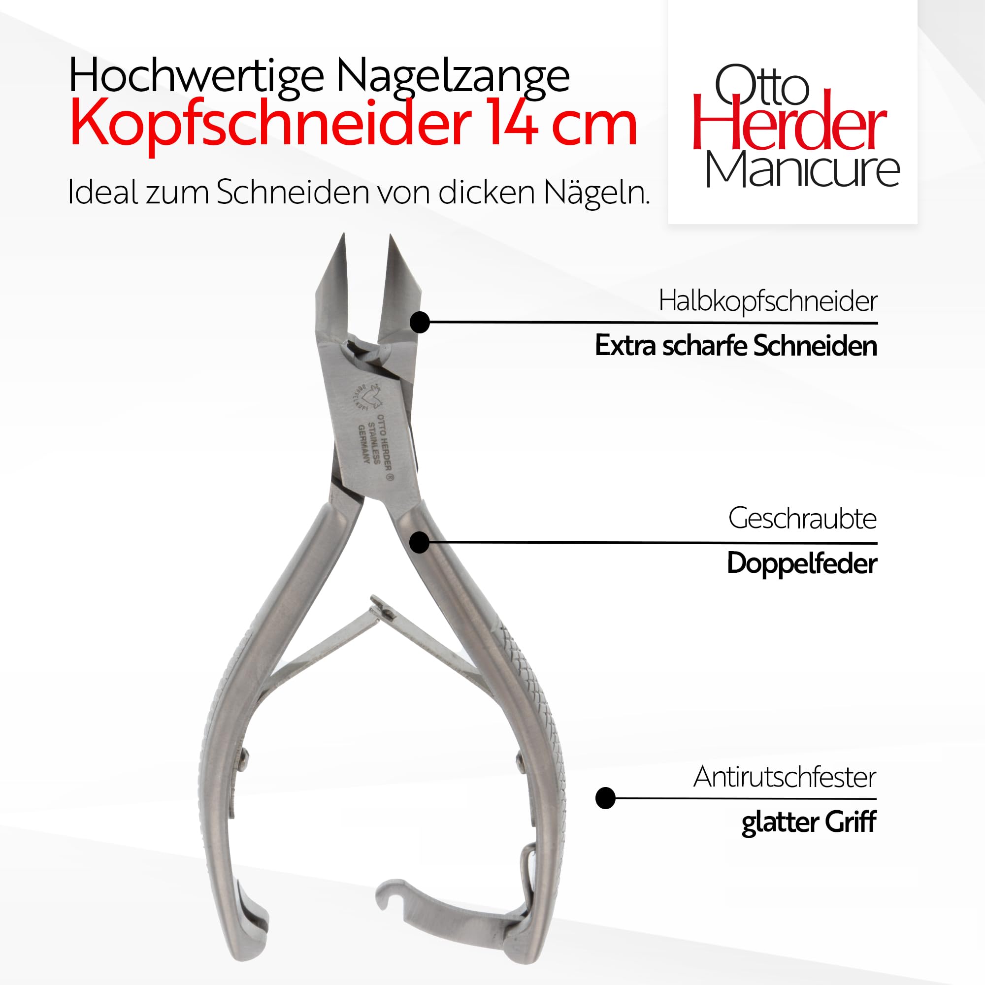 Otto Herder Manicure Cortaúñas de pie de acero inoxidable, cortaúñas de 14 cm, para uñas de pies fuertes, con doble resorte, ideal para pedicura y pedicura