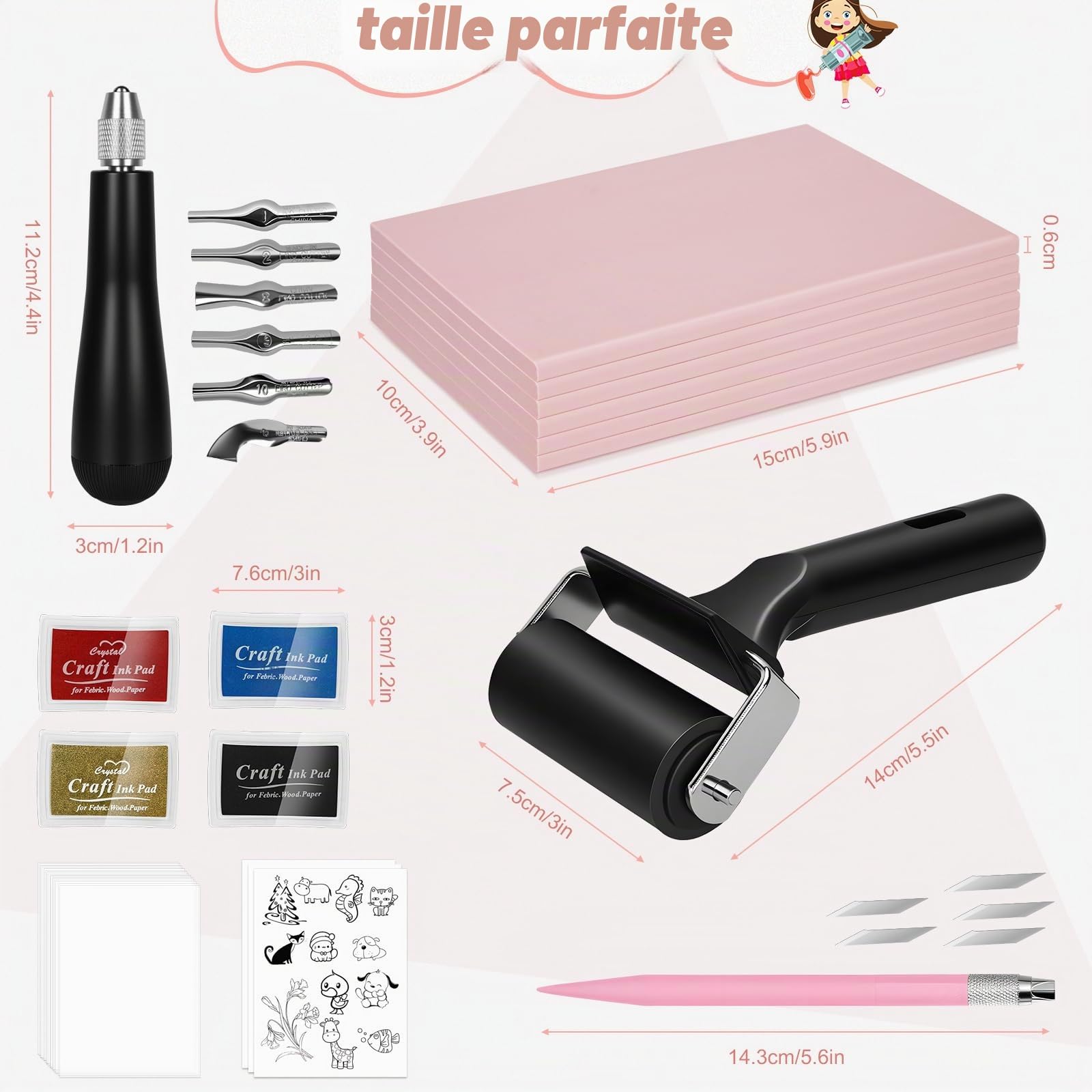 Kit 28 pièces de Gravure et Impression linoléum, kit débutant Bloc | avec blocs caoutchouc, outils de sculpture, papier calque et rouleau en caoutchouc pour gravure et impression artistique