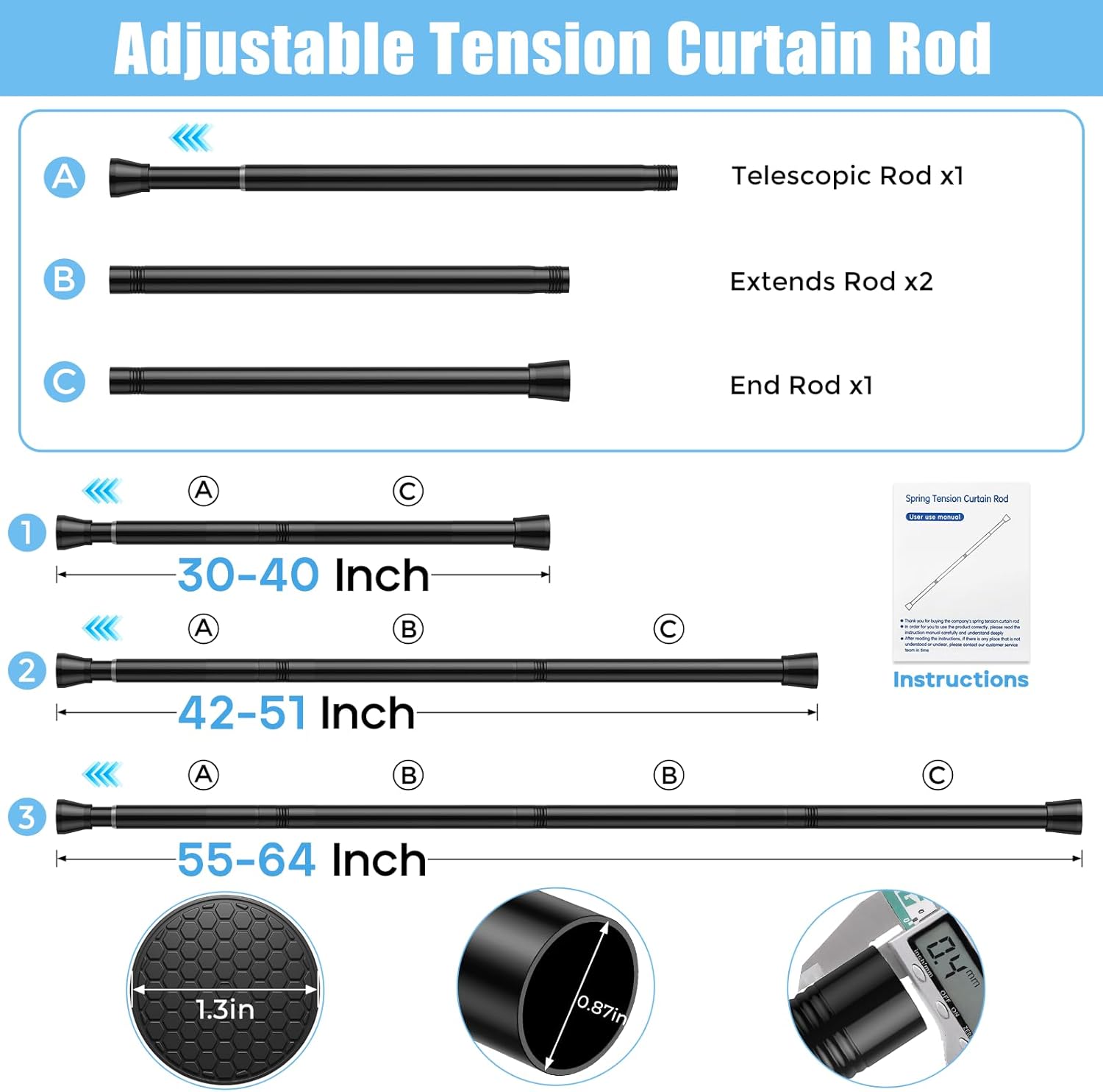 AIZESI 4PCS Black Shower Curtain Rod 30-64 Inch Adjustable Curtain Rods Never Rust & Non-Slip, No Drilling, Short Shower Rods Spring Tension Curtain Rod for Window Bathroom Doorway Closet