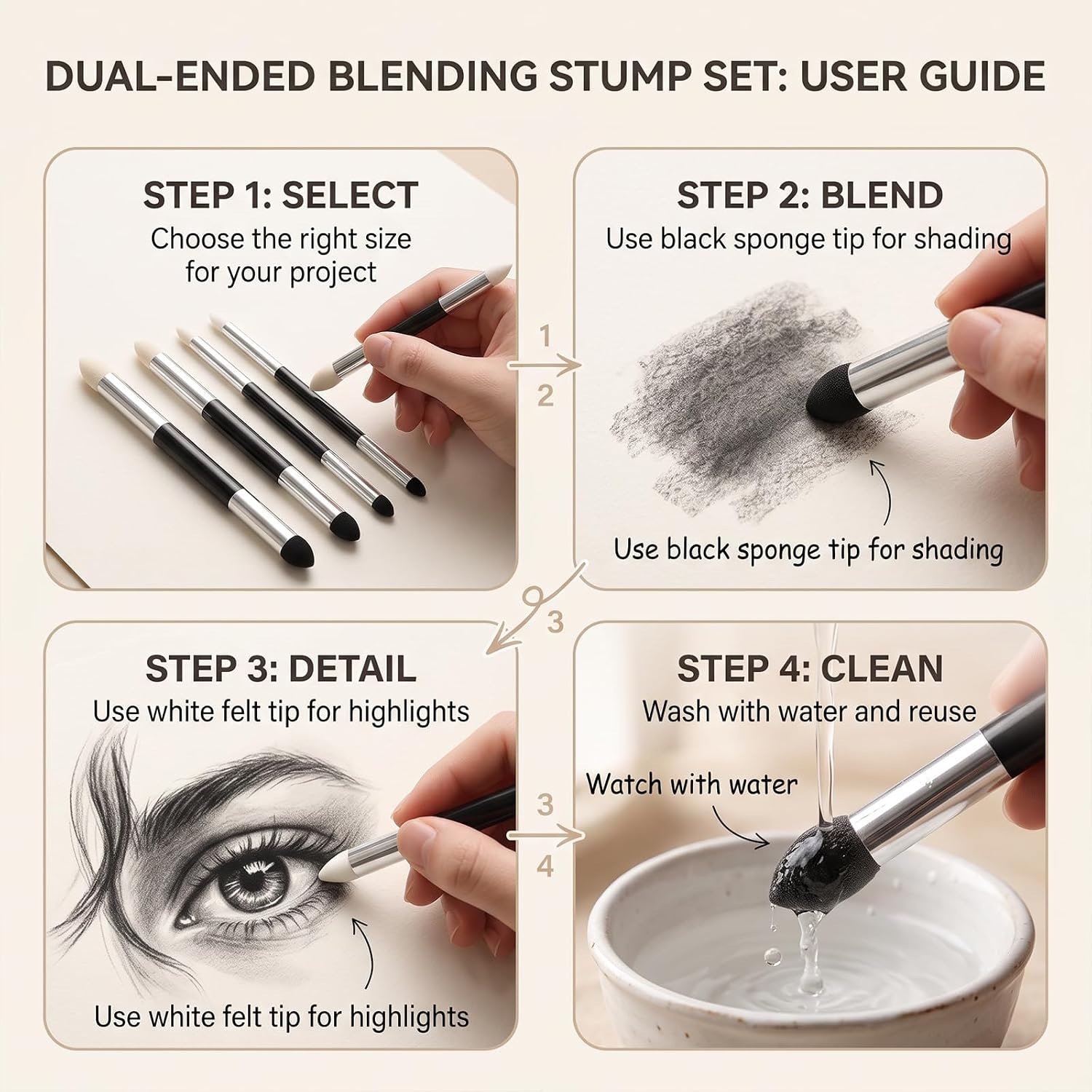 6Pcs Dual Tip Oil Pastel Blending Tools,Reusable Sketch Sponge Stumps