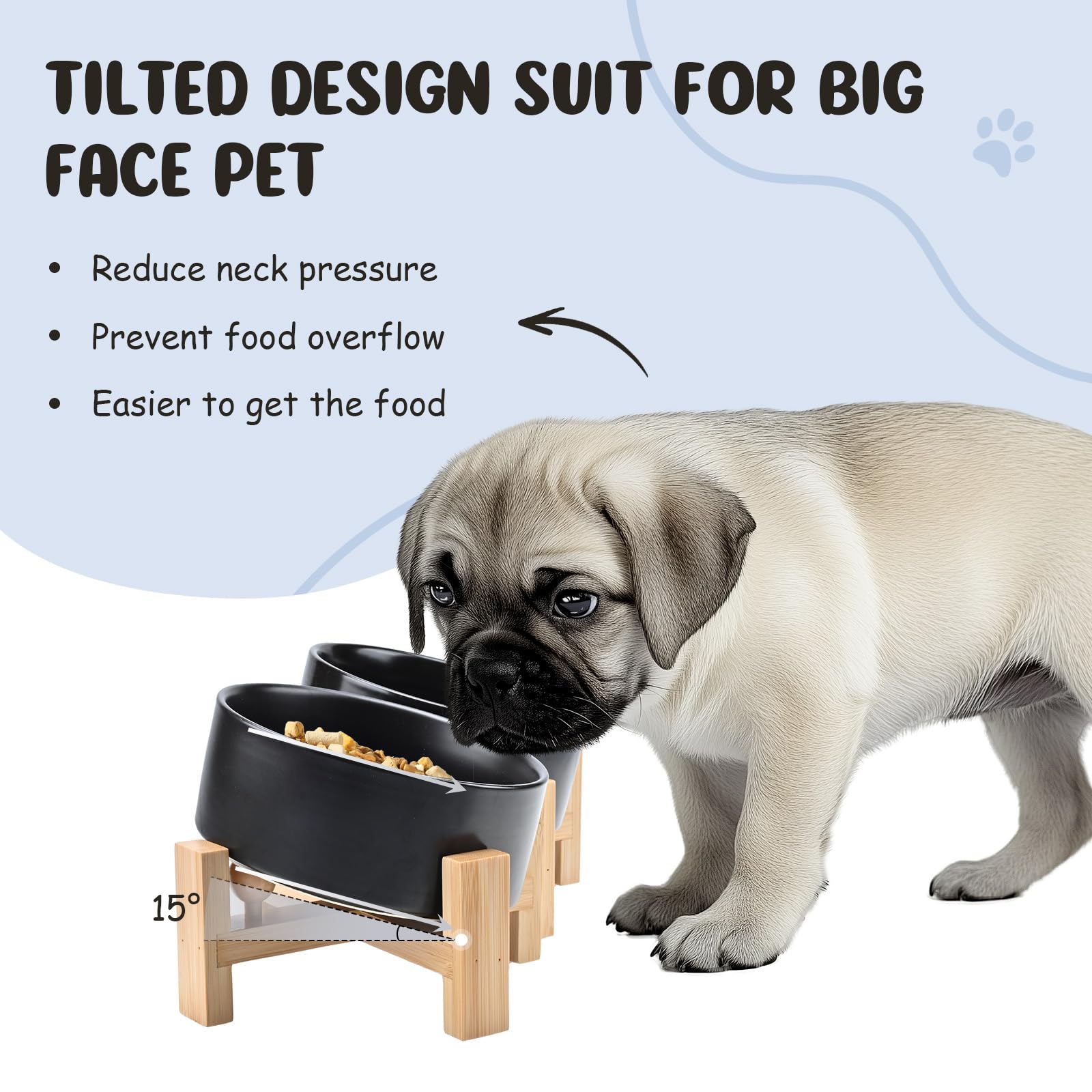 SPUNKYJUNKY 15° Slanted Ceramic Dog and Cat Bowl with Wooden Stand, Tilted Bulldog Food and Water Bowl No Slip Non-Spill for Cats Medium Dogs Big Face Pets 13.5 OZ (1.7 Cups, Black × 2)