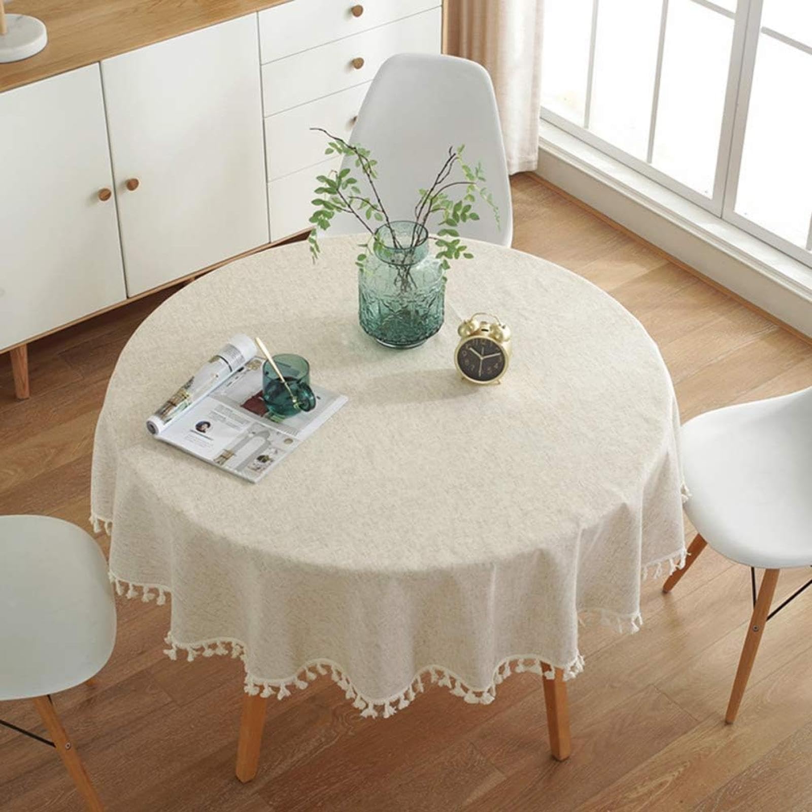 Runde Tischdecke aus Baumwollleinen, staubdicht, weich und knitterfrei im Bauernhausstil, mit Quasten für die Küche und das Esszimmer (rund 160 cm/neutral)
