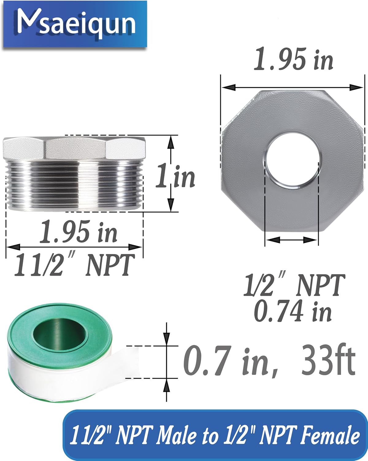 Stainless Steel Reducer Hex Bushing Threaded Pipe Fitting 1-1/2" NPT Male x 1/2" NPT Female Bushing 1-1/2 to 1/2 Adapter Pipe Fitting (Pack of 2)