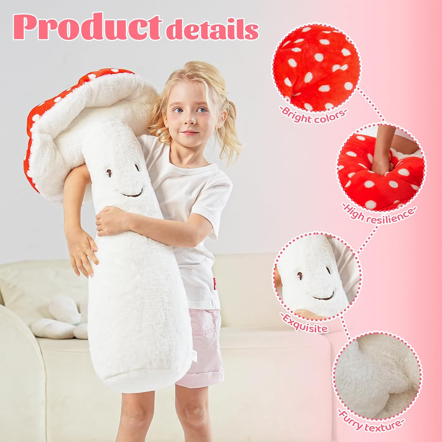 30'' Large Mushroom Plush Pillow, Red Mushroom Stuffed Animal Long Body Pillow, Cute Giant Big Jumbo Soft Stuffy Plushies Gift for Kids Boy Girls Birthday, Sofa Home Decoration