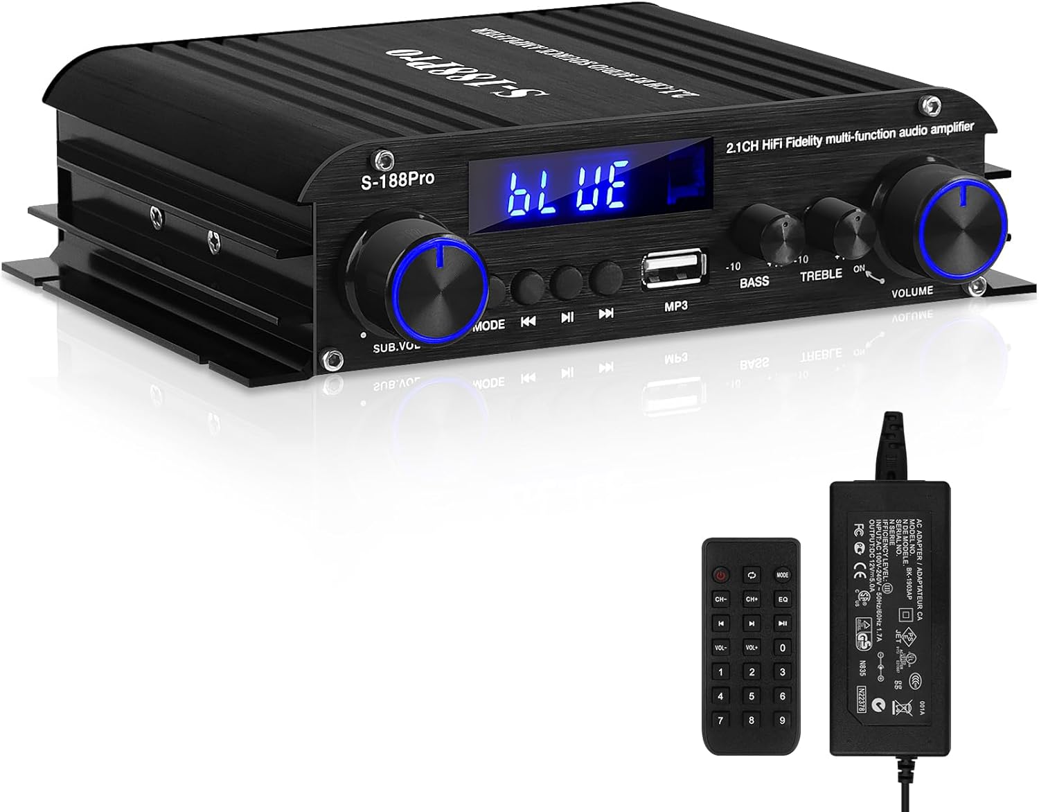 Bluetooth Amplifiers Stereo Audio Receivers Amp for Home Speakers S-188Pro RMS 50WX2+60W 2.1 Channel Max 600W Output Mini Power Amplifier w/FM Radio, Echo, MIC, USB, SD Input for Home Audio