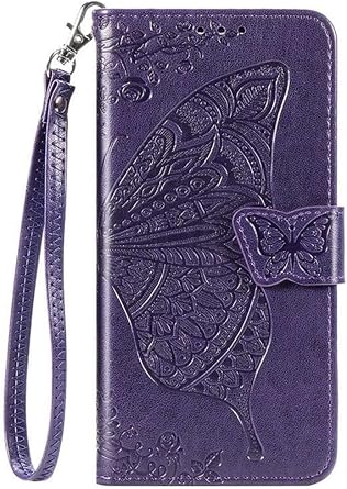 for T-Mobile Revvl 7 Pro 5G Case Wallet PU Leather Credit Card Holder Full Body Cute Butterfly Design with Wrist Strap Soft TPU Bumper Full Body Protective Phone Case for Girls Women Purple