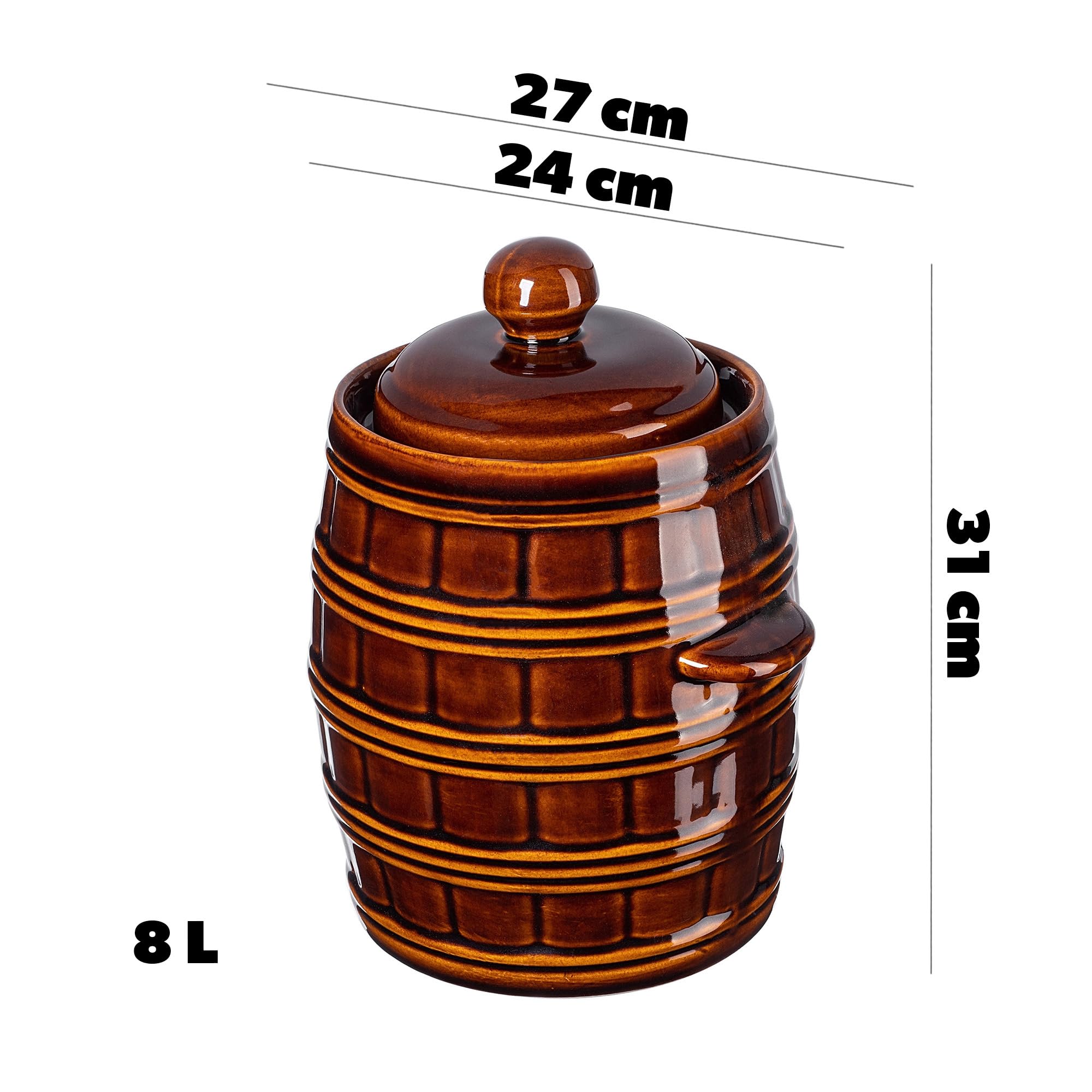 KADAX Casserole de fermentation en grès 8L marron, cuvette d'eau et couvercle pour l'étanchéité, lavable au lave-vaisselle, pour mariner les concombres et le chou