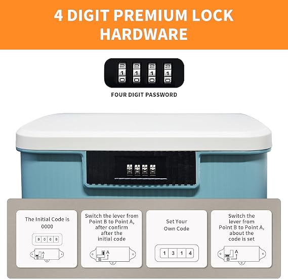 Lockable Storage Container Bin, 2.3 Gallon Capacity Organizer Box with Combination Lock, Heavy Duty Plastic Trunk, Usable As Item Organizer Or Office File Storage(Blue)