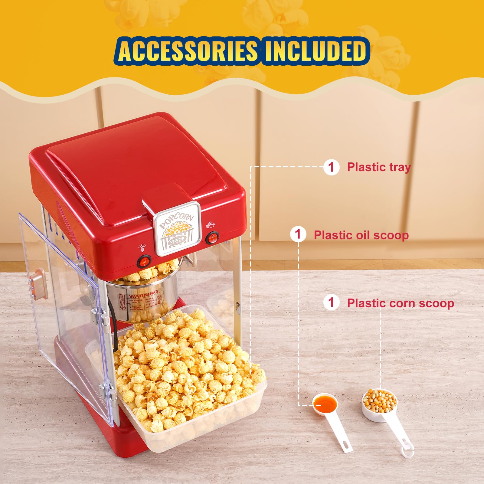 VEVOR Maszyna do popcornu, maszyna do popcornu 300 W, waga 3,25 kg, czajnik 0,07 kg, 3,78 kg na partię, stołowa maszyna do popcornu z drzwiami, w zestawie 2 łyżki tacy, styl teatralny, czerwony