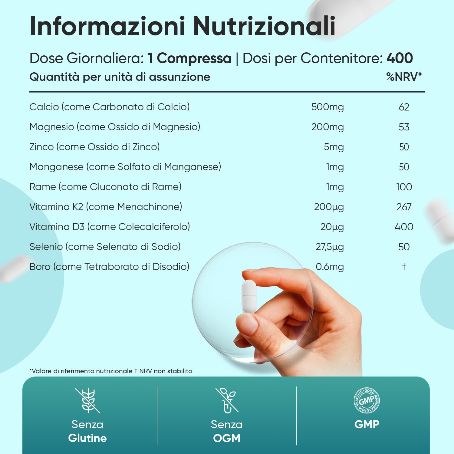Magnesio Zinco Calcio Vegano con Vitamina D3 K2 Tipo MK-7, 400 Compresse, 1 al Giorno (Fornitura per 13+ Mesi), Calcio Magnesio Zinco Integratore, Complex con Rame e Selenio, Privo di Glutine e OGM