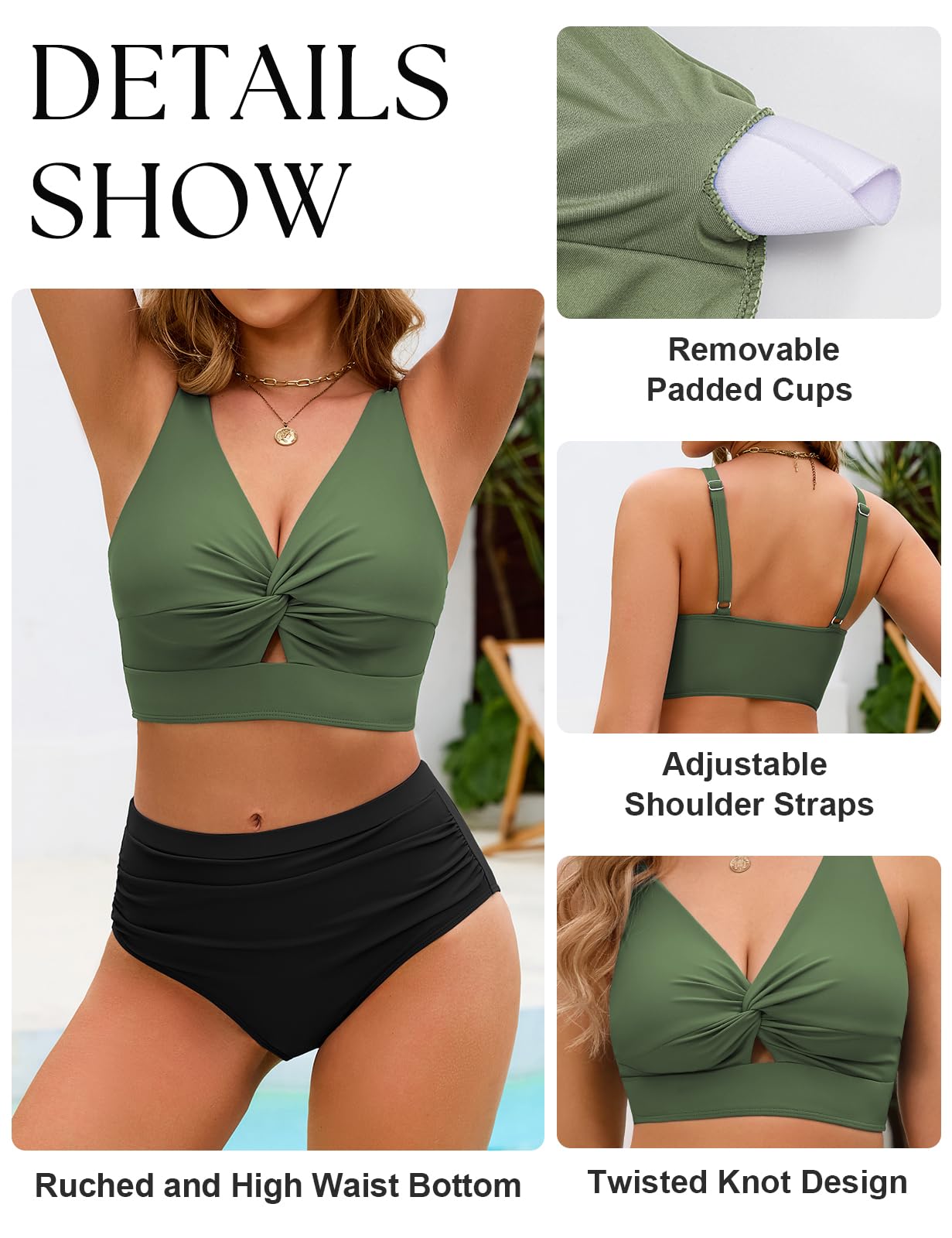 Nadeer High Waist Bikini Damen Set Bauchweg Sexy Push Up Oberteil Twist Front Cut Out Curvy Shape Zweiteiliger Bademode Swimwear mit Blumenmuster für Strand