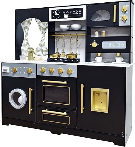 Miniatura 9 de Cocina de juego de madera con luz y sonido, fregadero de juguetes y dispensador de agua con agua corriente, juego de cocina grande para niños