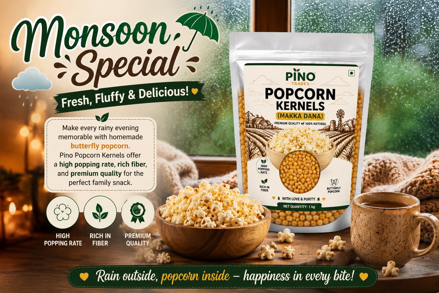 Pino Trades Popcorn Kernels with Masala | 1Kg | pure Makka Dana