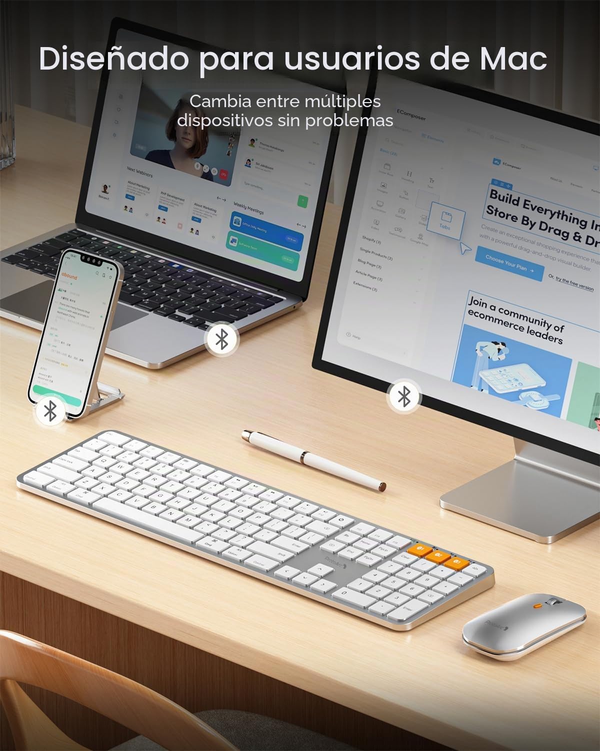 ProtoArc - Mouse con Teclado Bluetooth retroiluminado para Mac, KM100-A, Teclado inalámbrico ultradelgado para Mac, Recargable