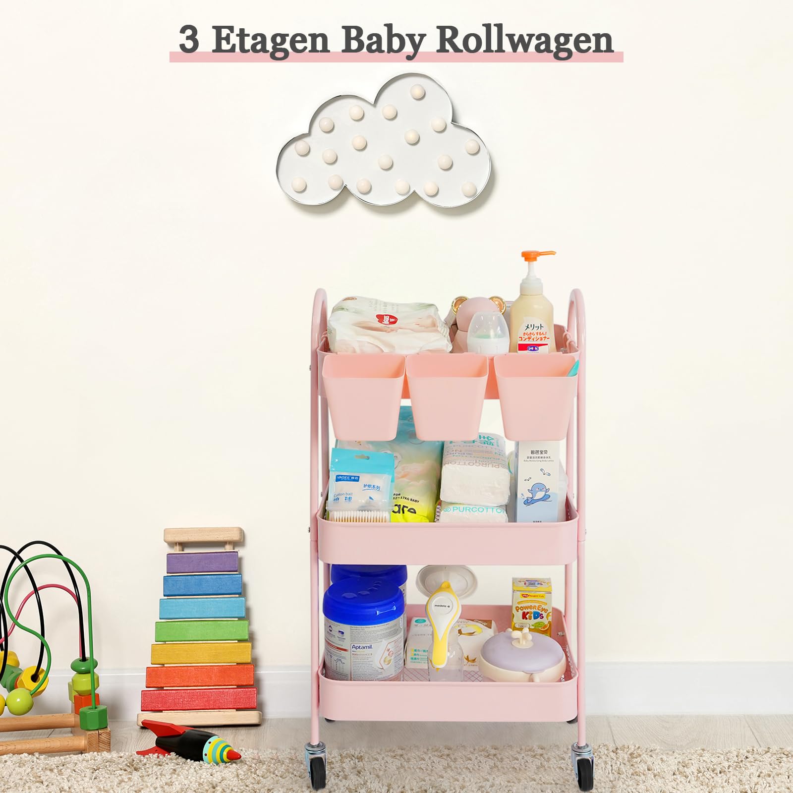 danpinera Carrello portaoggetti a 3 livelli, carrello portaoggetti in metallo con ruote bloccabili, tazze e ganci appesi, carrello portaoggetti su ruote per bagno, cucina, artigianato, bellezza, rosa