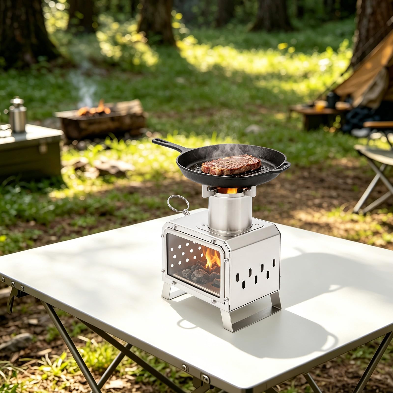 Réchaud Bois Camping Portable, Poêle Inox Avec Vitre Feu Visible, Extérieur