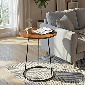 Manora Round End Table, Modern Industrial Side Table Nightstand, Small Wood Top Accent Table for Living Room, Couch, Bedroom, Black Metal Legs, Rustic Brown