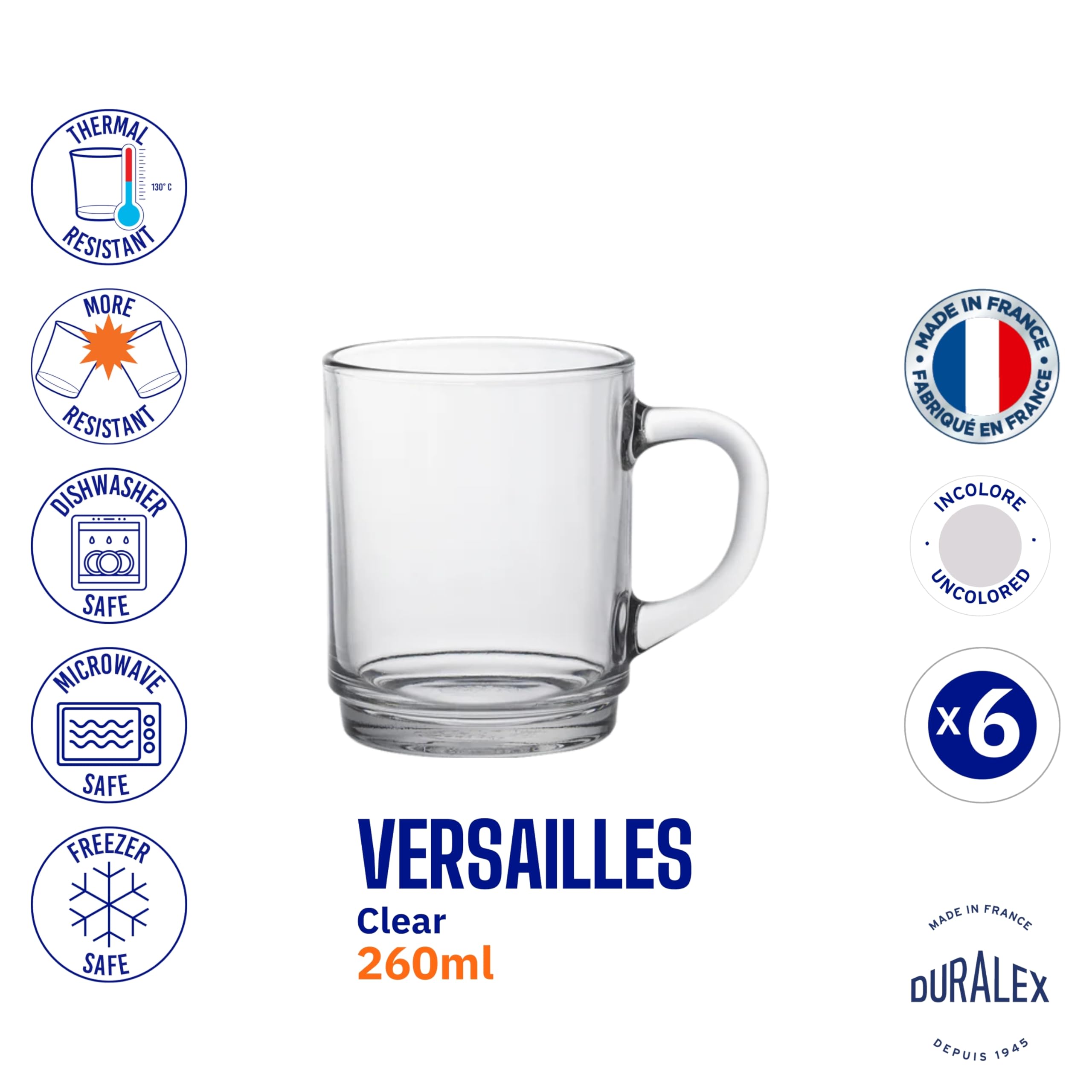 Duralex France Versailles Clear Tempered Glass Mugs | 260ml Set of 6 | Ultra-Resistant, Stackable Coffee & Tea Mugs | Microwave & Dishwasher Safe | Giftable Mug Set 2