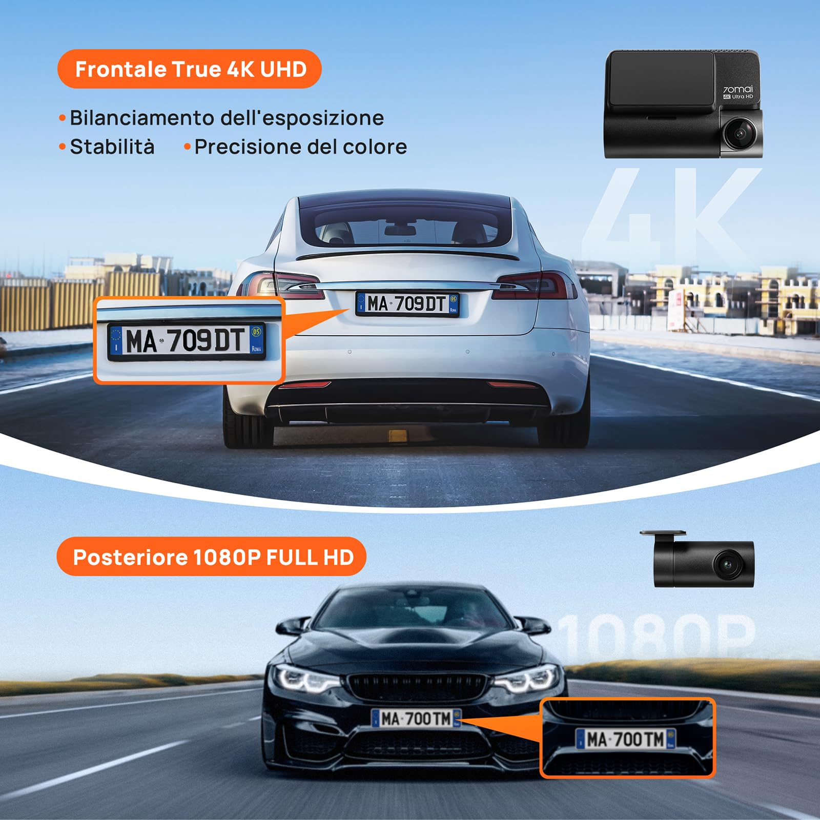 70mai 4K+1080P Dash Cam Auto A810 Fronte Retro Dashcam con Scheda SD da 128GB, GPS e WiFi Integrato, Visione Notturna, Modalità Parcheggio 24H, Registrazione in Loop, Controllo Tramite APP