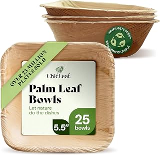 Chic Leaf Mini Palm Leaf Bowls 5.5" Square Disposable - Eco Bamboo Style for Weddings Parties Appetizers (25 Pack)