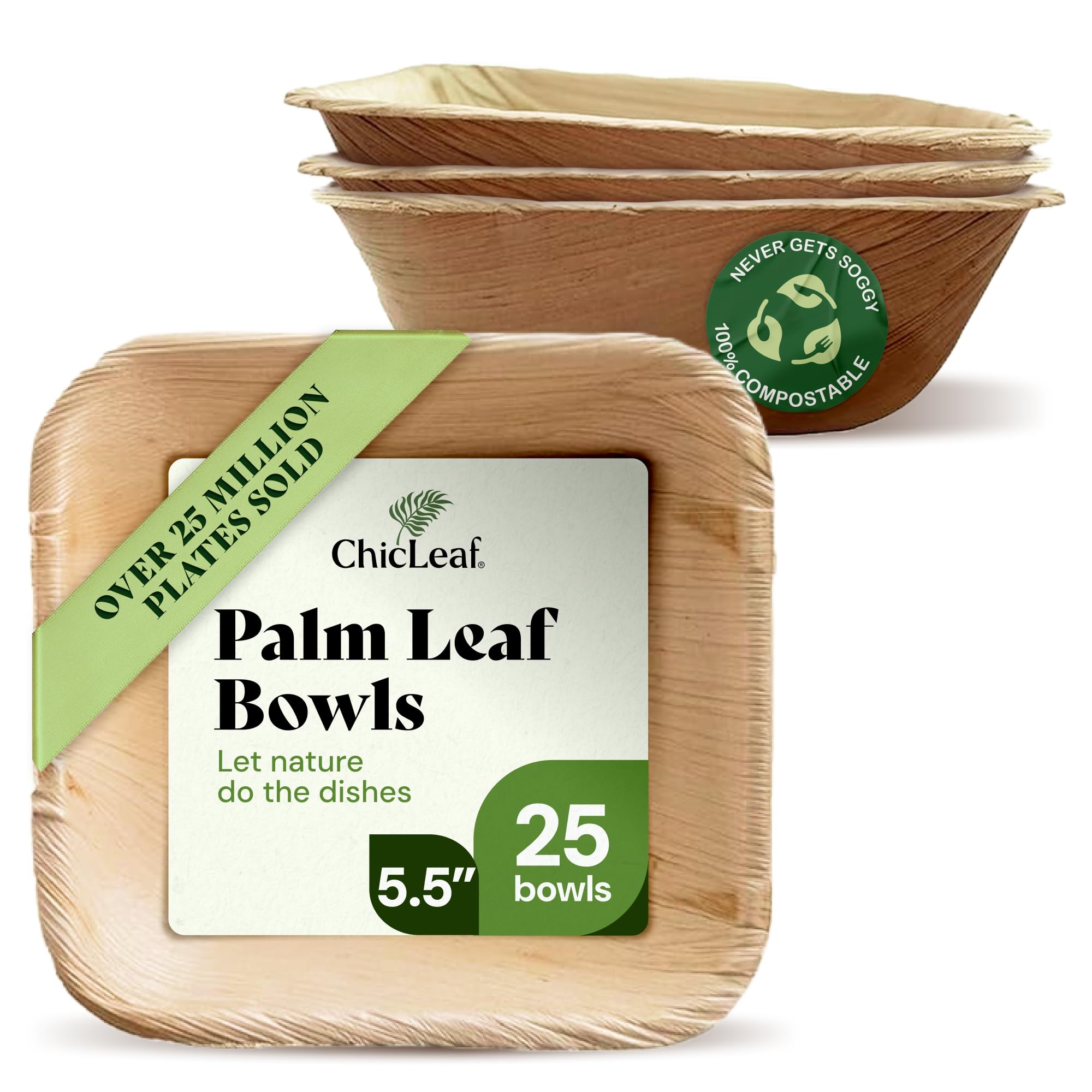 Chic Leaf Palm Leaf Bowls - Mini Disposable Bamboo Bowls for Weddings, Parties, Event Appetizers - Biodegradable & Compostable Party Supplies (5.5'' Square - 25 Pack)