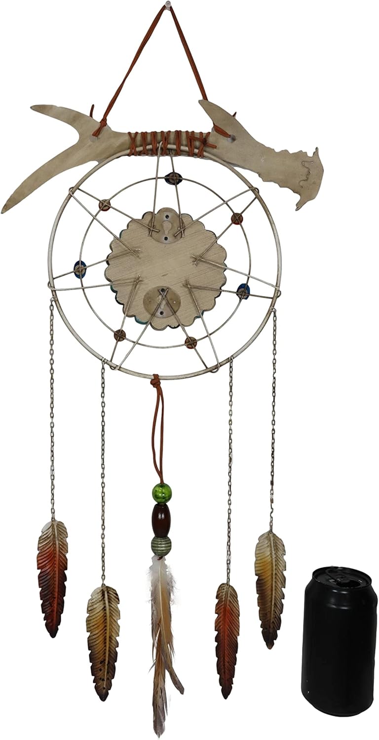 Ebros Gift Southwestern Tribal Native Indian Boho Chic Round Crackled Turquoise Rock and Gemstones with Antler Wall Hanging Dreamcatcher with Colorful Beads Feathers Western Home Accent Decor