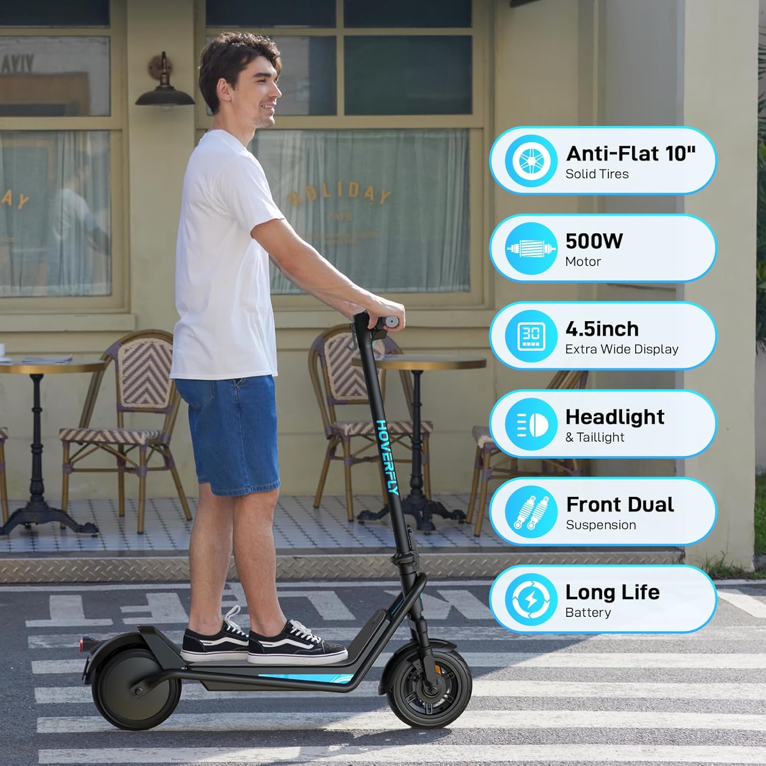 Hoverfly Electric Scooter for Adults, Anti-Flat 8.5"/10" Solid Tire, 10/18/25 Mile Range and 15.5/20Mph Speed Power by 250/500W Motor, Cruise Control Foldable Commuting Scooter for Adults