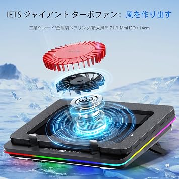 IETS GT600 RGB Laptop Cooling Pad, Laptop Cooling Pad with Huge Turbo Fan 14cm Diameter Rapid Cooling Gaming, Sealed Foam, Laptop Cooler with 3-Port USB Hub and 7-Color LED Backlight, Dust Filter