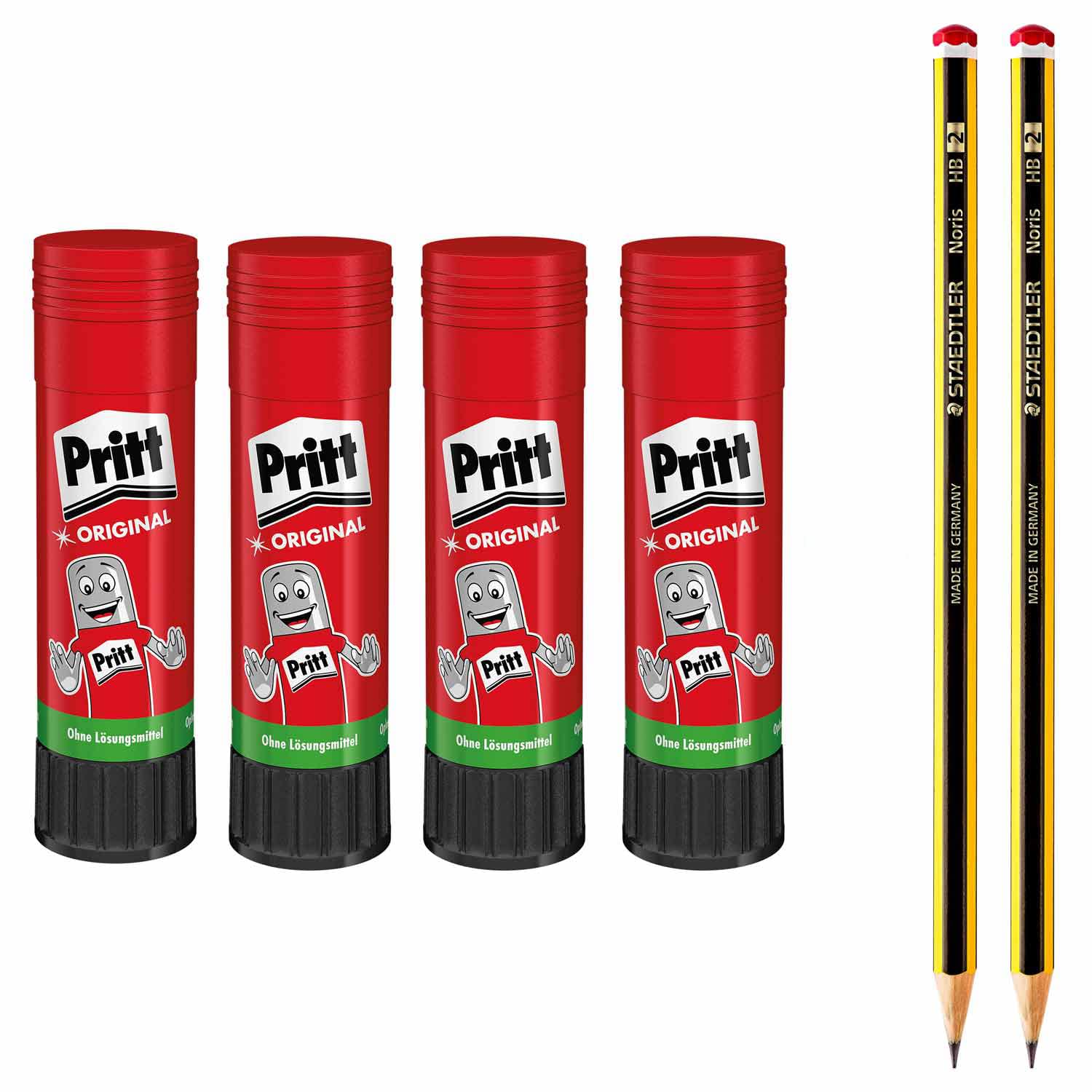 Pritt Glue Stick, Safe and Child Friendly Glue for Arts and Crafts, Strong Adhesive for School & Office Supplies, Economy Set with 4 x 22 g Pritt Pen & 2 x Pencils HB, 9HPKS22P1X