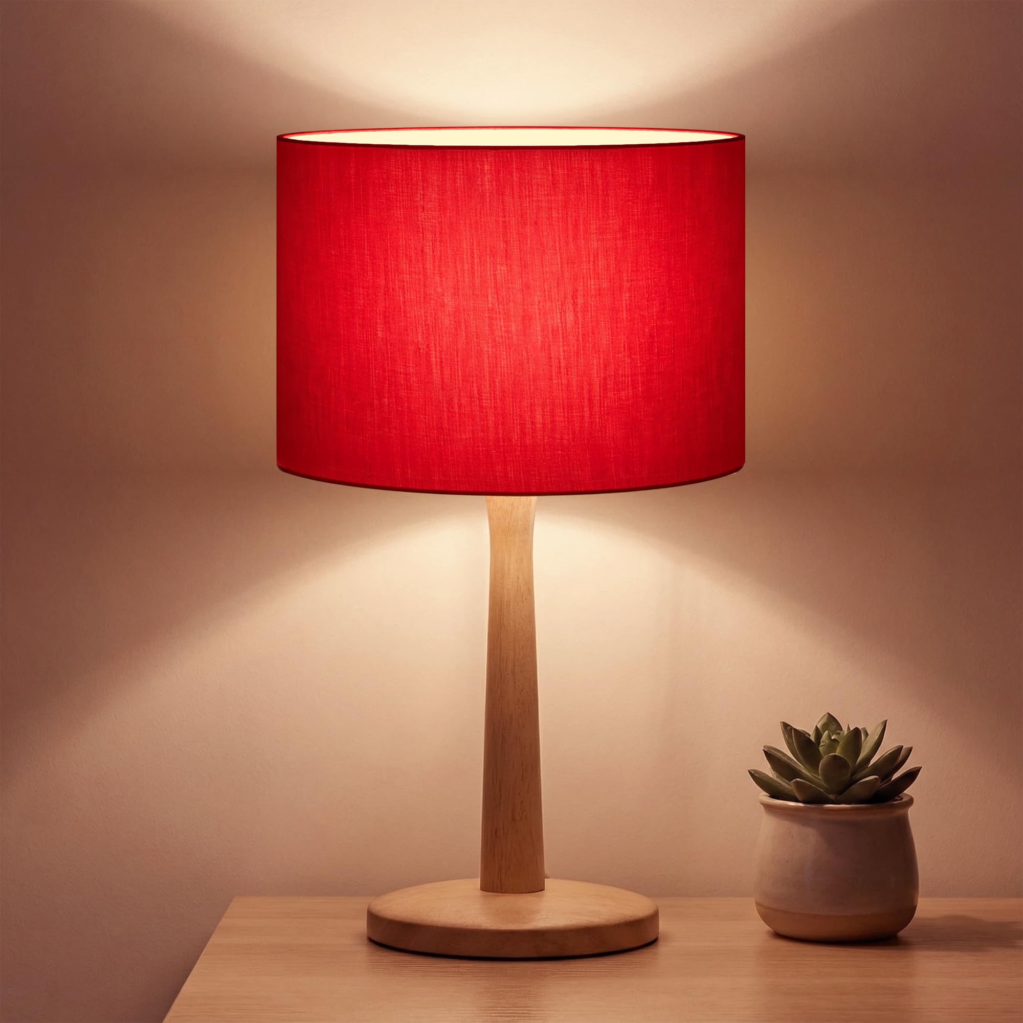 Photo 1 of 16.3” Solid Natural Wood Table Lamp with Linen Drum Shade for Living Room, Stepless Dimmable Nightstand Lamp for Bedroom Desk, Decor, Dorm, Bedside, Entryway, Bookshelf, Bulb Not Included, Green
