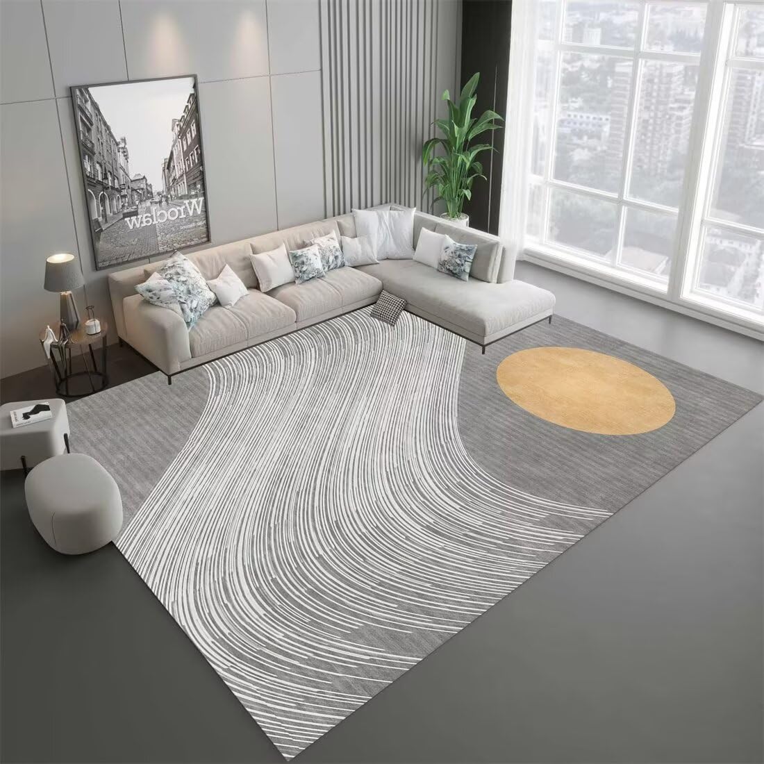 Tapis gris et jaune Bouda | Modèle rond antidérapant pour entrée et jardin 70x200 cm