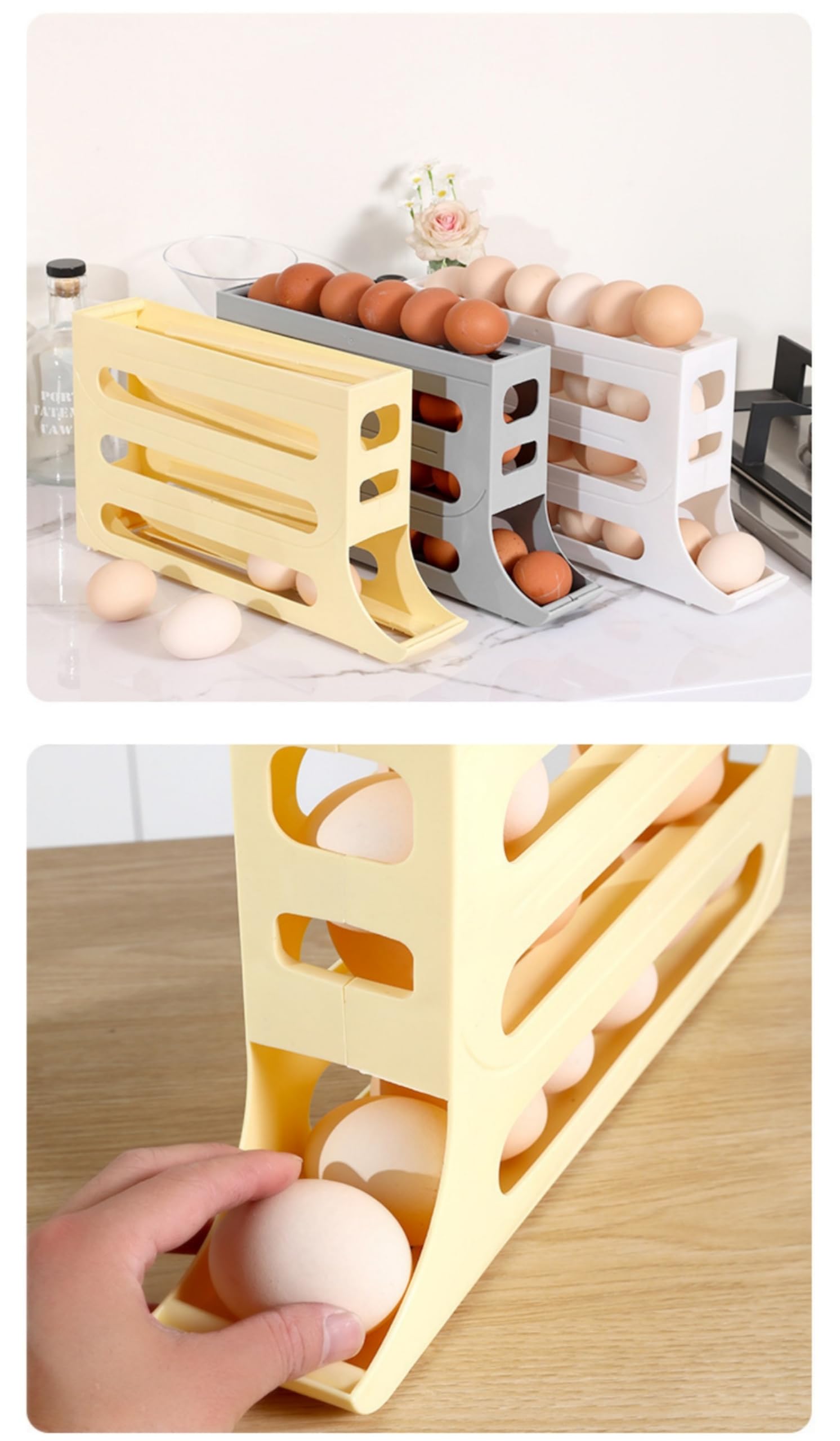 Soporte para 30 huevos para refrigerador, contenedor de huevos de 4 niveles, organizador de huevos con ruedas automáticas para refrigerador, soporte dispensador de huevos que ahorra espacio, estante 7
