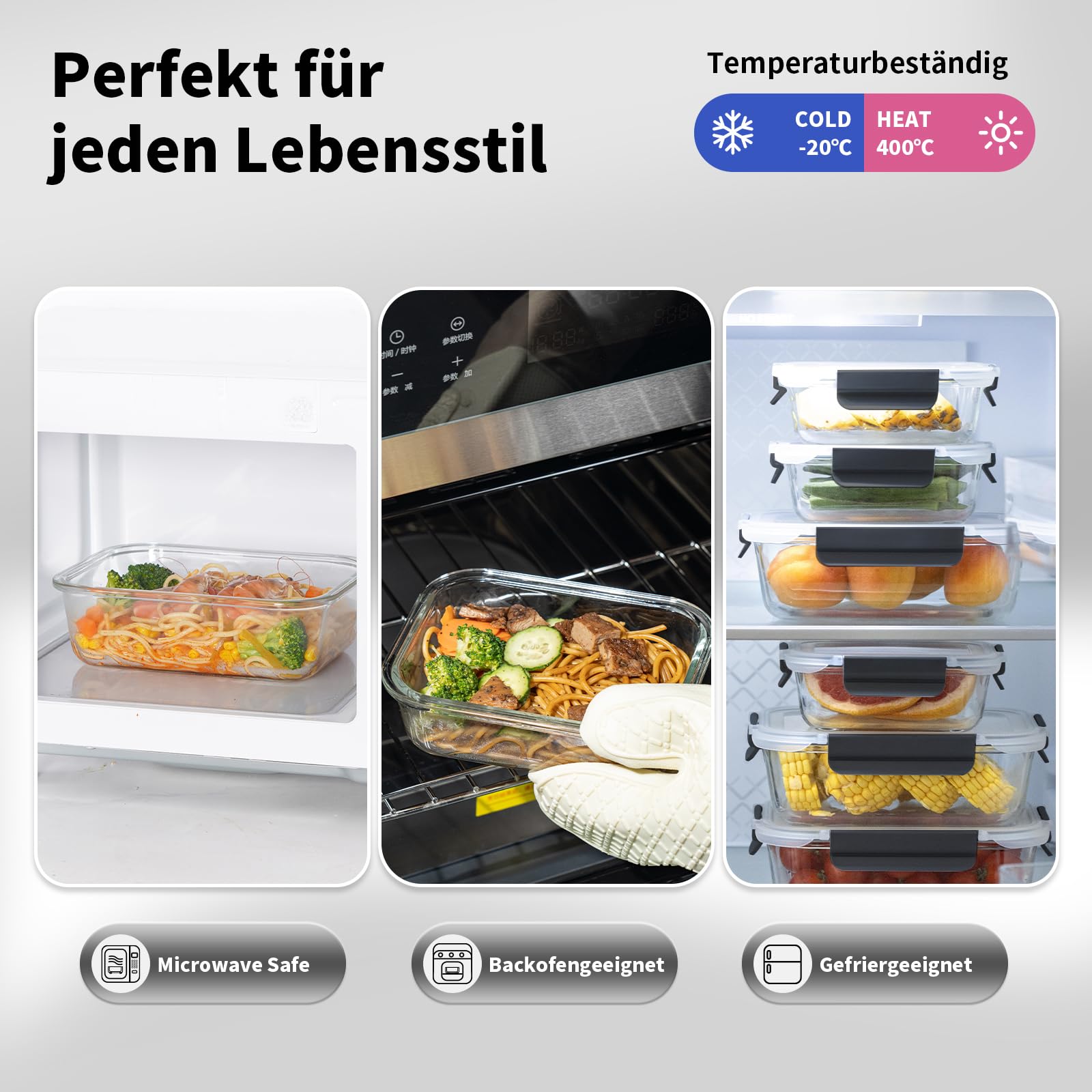Meal Prep - Juego de 15 recipientes de cristal con tapa a prueba de fugas, para microondas, congelador y lavavajillas, color negro
