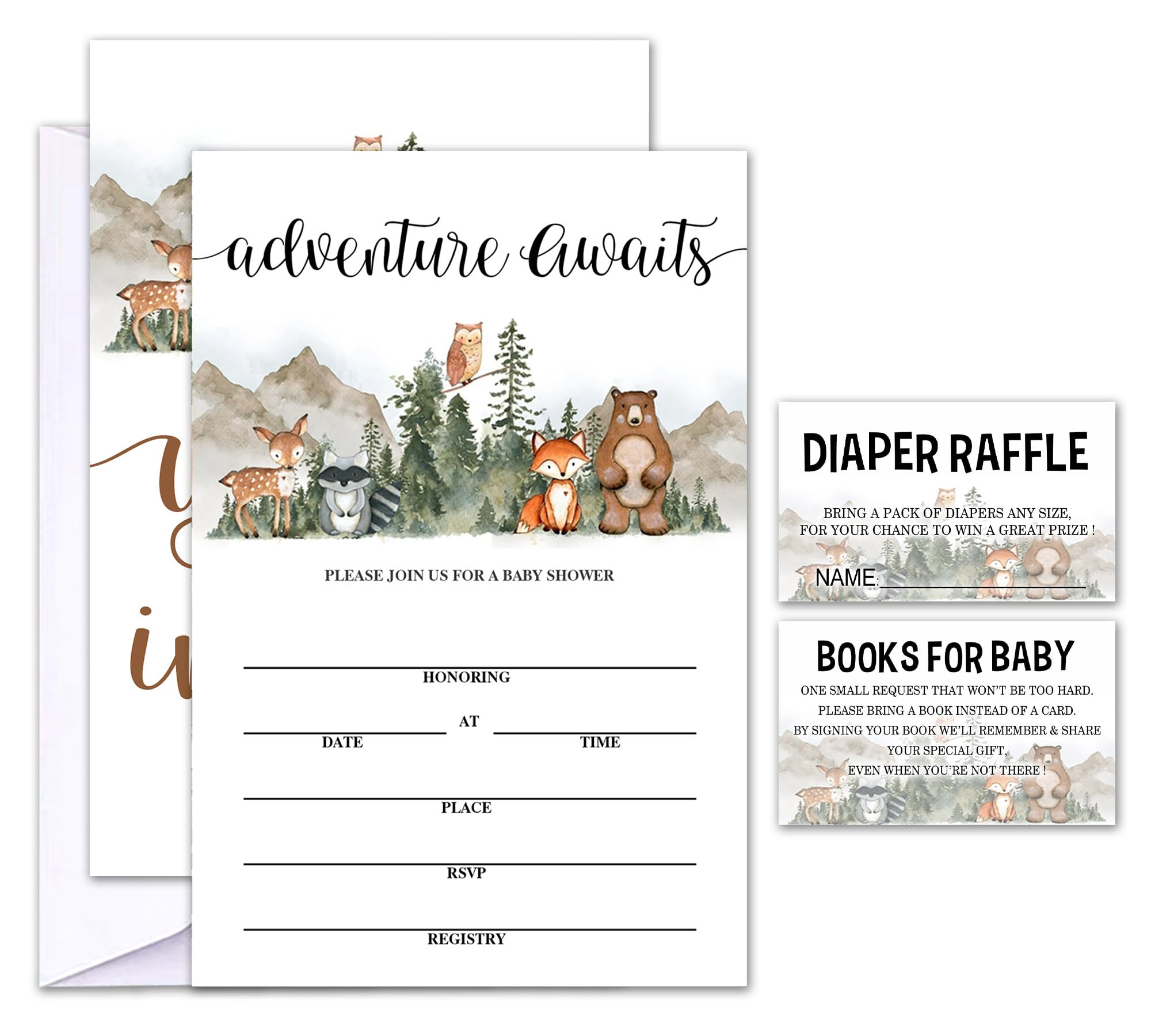 Geuro Set of 25 Baby Shower Invitations with Envelopes, Diaper Raffle Tickets and Baby Shower Book Request Cards, Adventurer Jungle Animals
