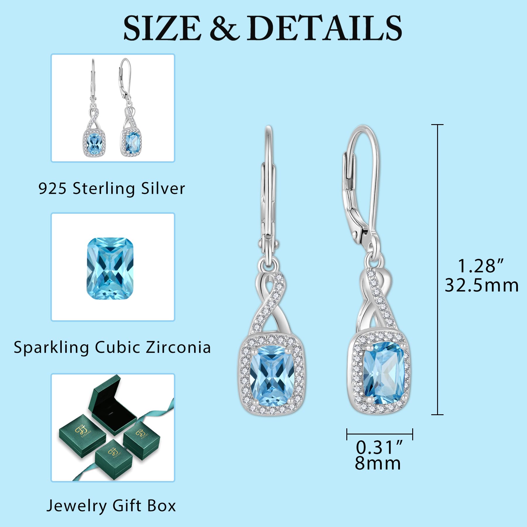 FJ Pendientes Colgantes Infinito Plata de Ley 925 Pendientes Piedra de Nacimiento Corte Princesa Cuadrados Joyas para Mujer