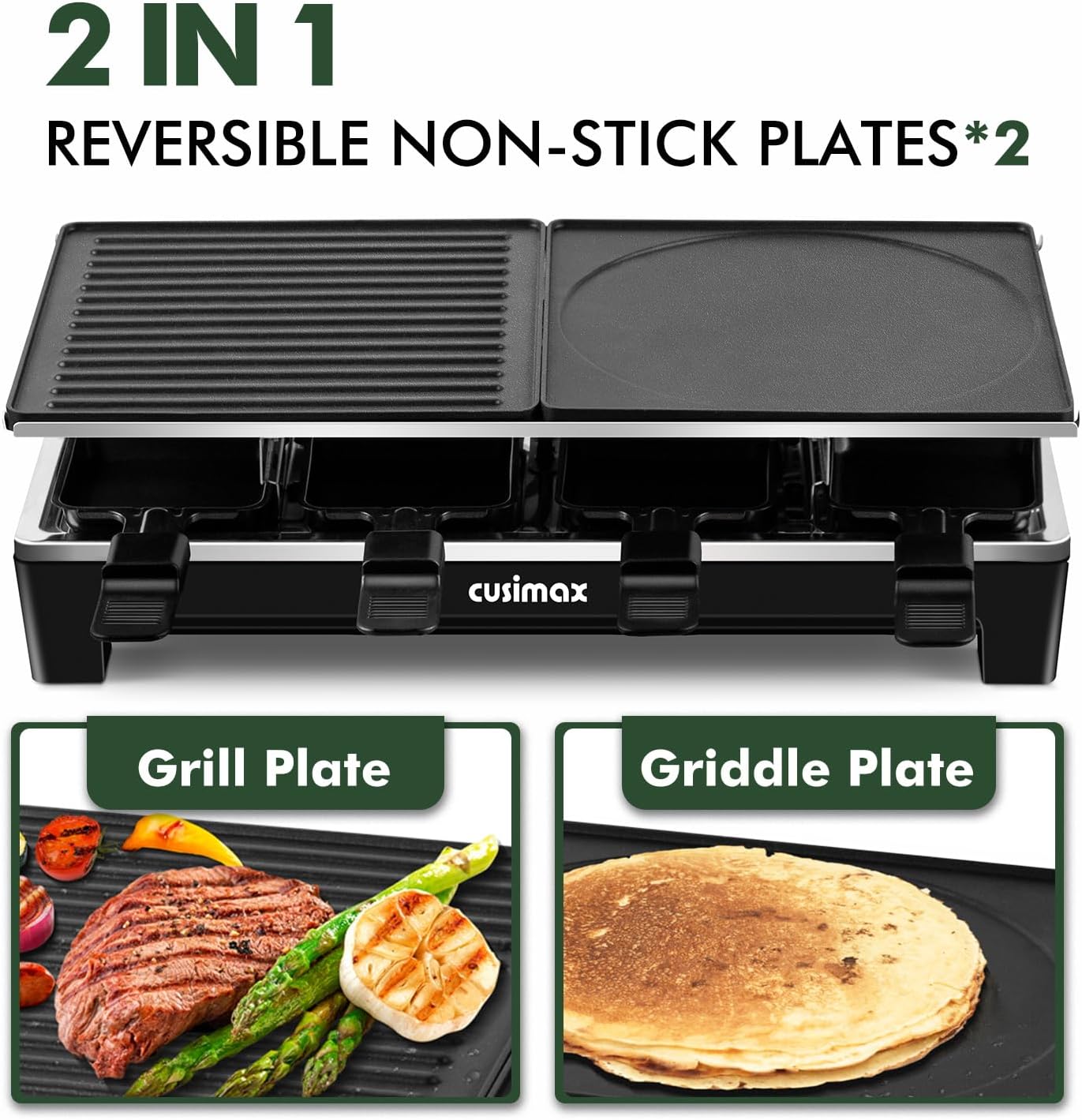 CUSIMAX Raclette Grill, Electric Grill, Reversible 2 in 1 Non-stick Grill & Griddle Plates, Portable Korean Grill with 8 Paddles & Shovels, Black New Model Carbon Black